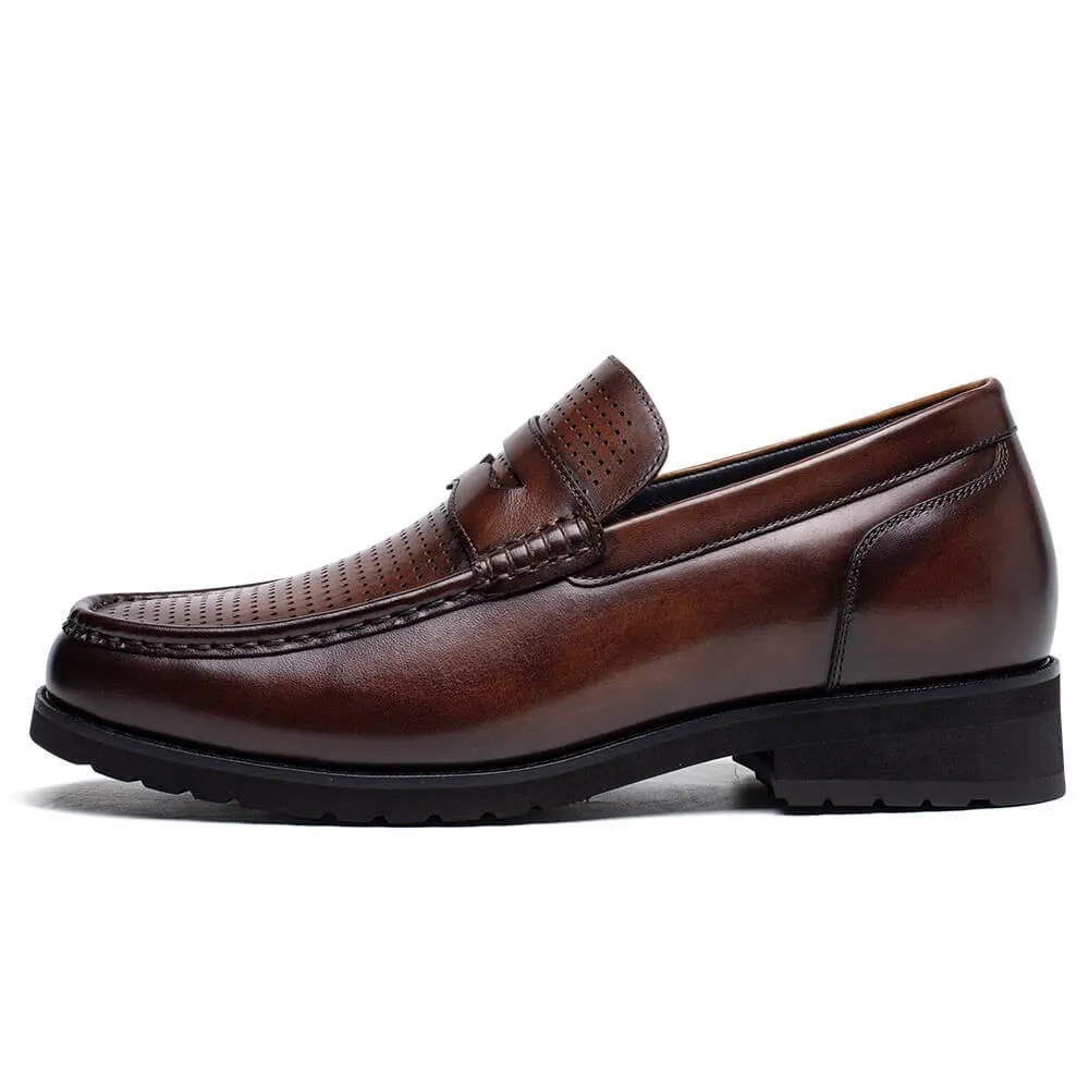 6 CM/2.36 Inches CMR CHAMARIPA Brown Cowhide Leather Slip-On Loafers for Men - Elevate Your Casual Style