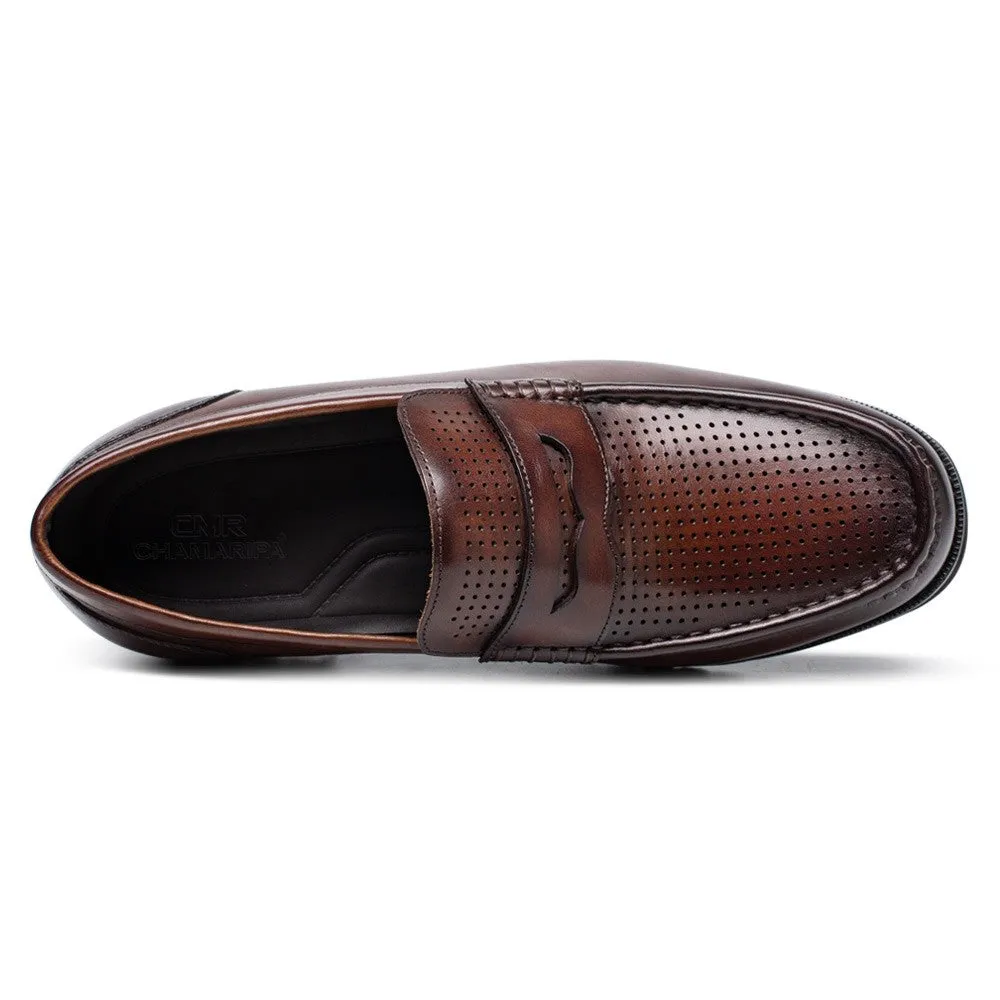 6 CM/2.36 Inches CMR CHAMARIPA Brown Cowhide Leather Slip-On Loafers for Men - Elevate Your Casual Style