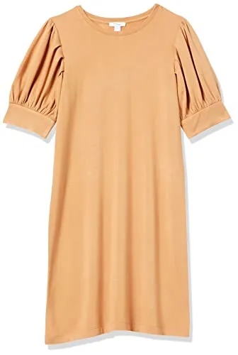 Amazon Essentials Women's Supersoft Terry Relaxed-Fit Short-Sleeve Puff-Sleeve Dress (Previously Daily Ritual), Camel, Medium