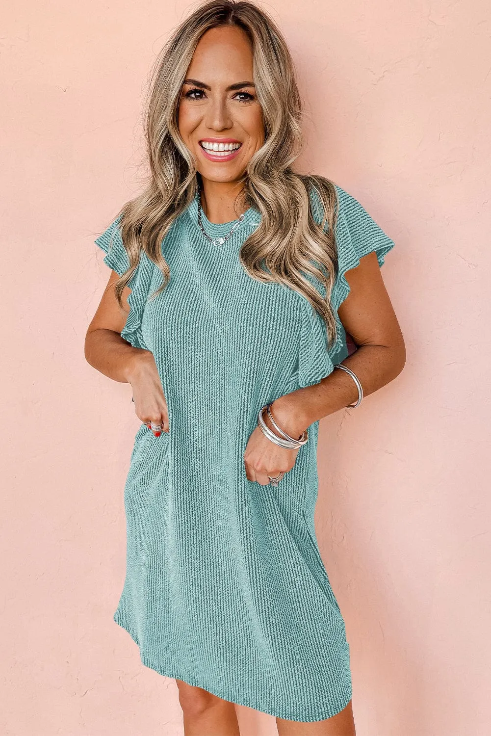 Aruba Blue Ruffled Sleeve Textured Mini Dress with Flutter Detail