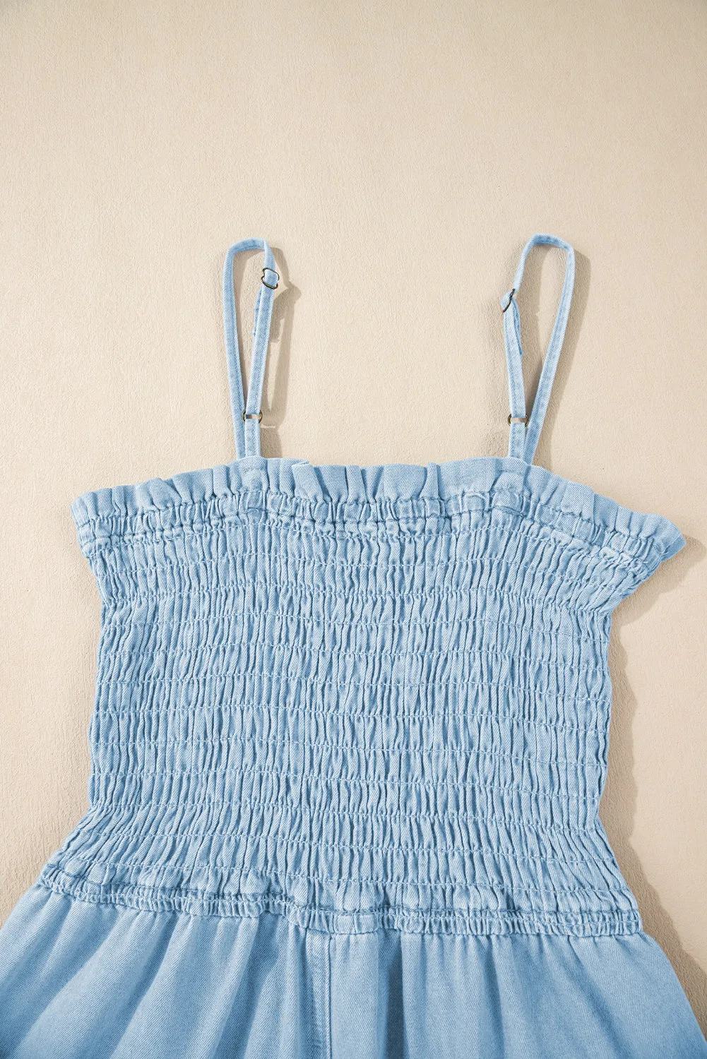 Beau Blue Spaghetti Strap Smocked Denim Romper