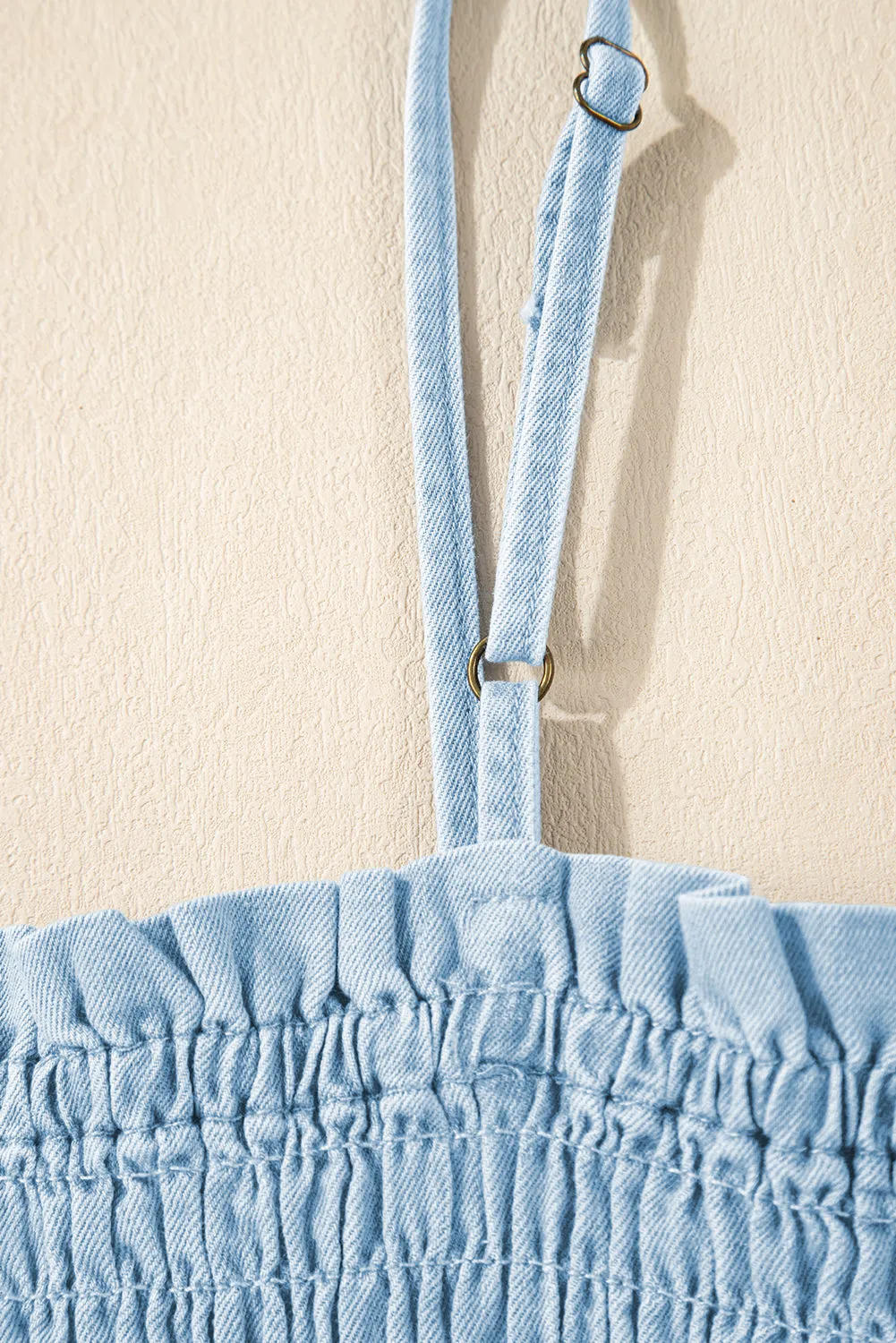 Beau Blue Spaghetti Strap Smocked Denim Romper