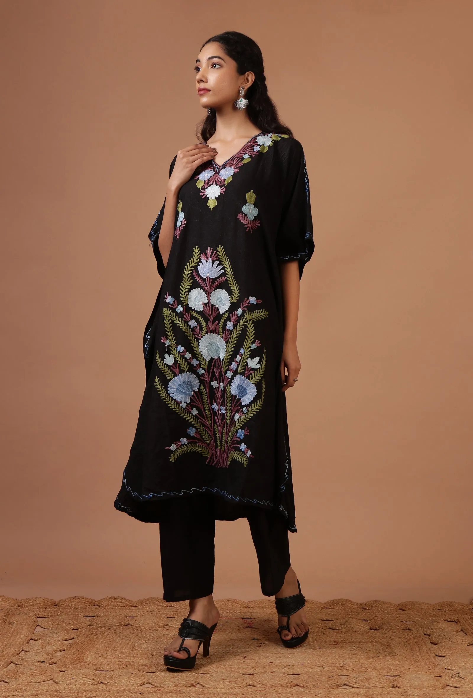 Black Cotton Crush Ari Embroidered Kaftan- Free Size