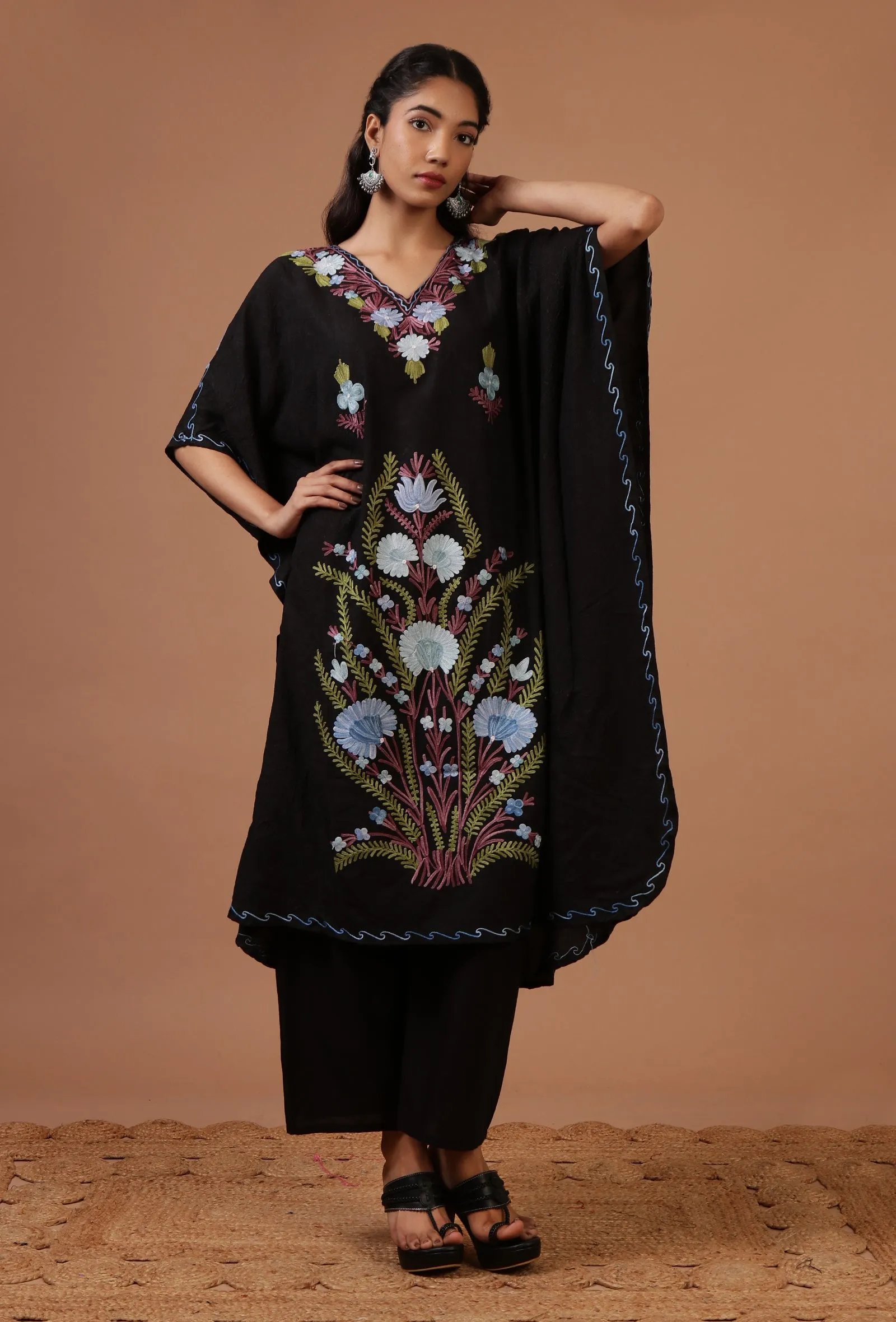 Black Cotton Crush Ari Embroidered Kaftan- Free Size