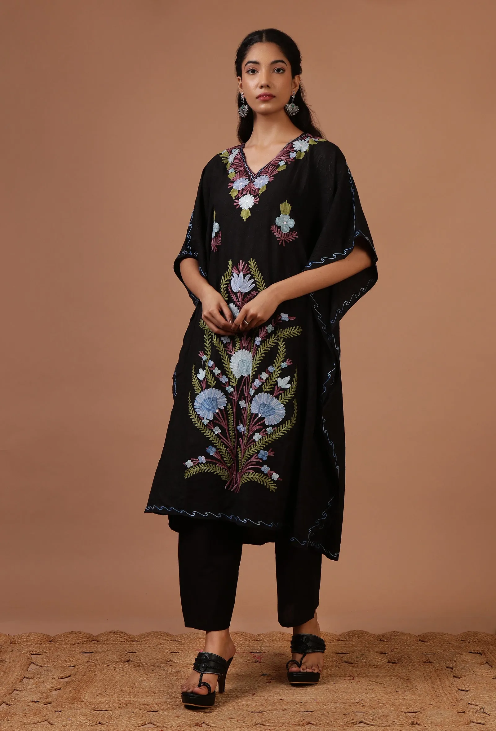 Black Cotton Crush Ari Embroidered Kaftan- Free Size