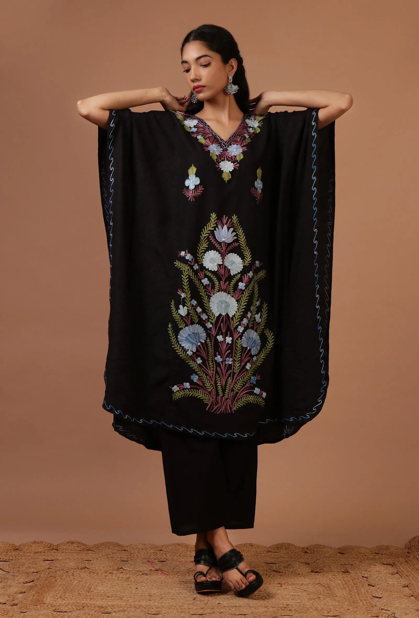 Black Cotton Crush Ari Embroidered Kaftan- Free Size