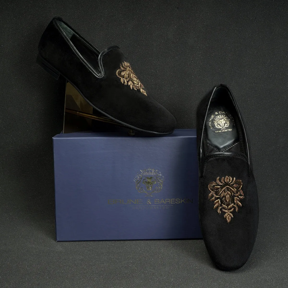 Black Velvet Slip-on Shoes with Hand Zardosi Design