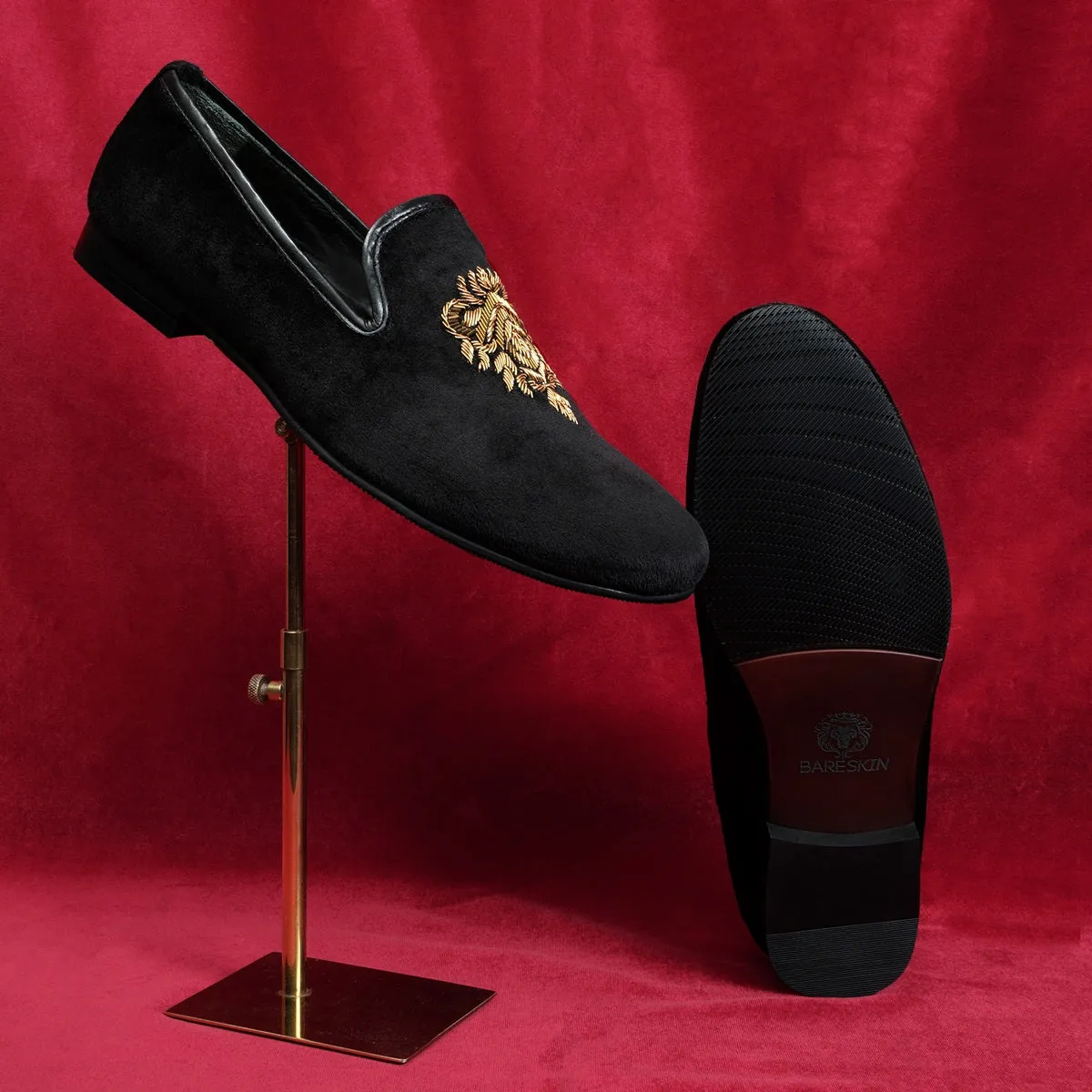 Black Velvet Slip-on Shoes with Hand Zardosi Design