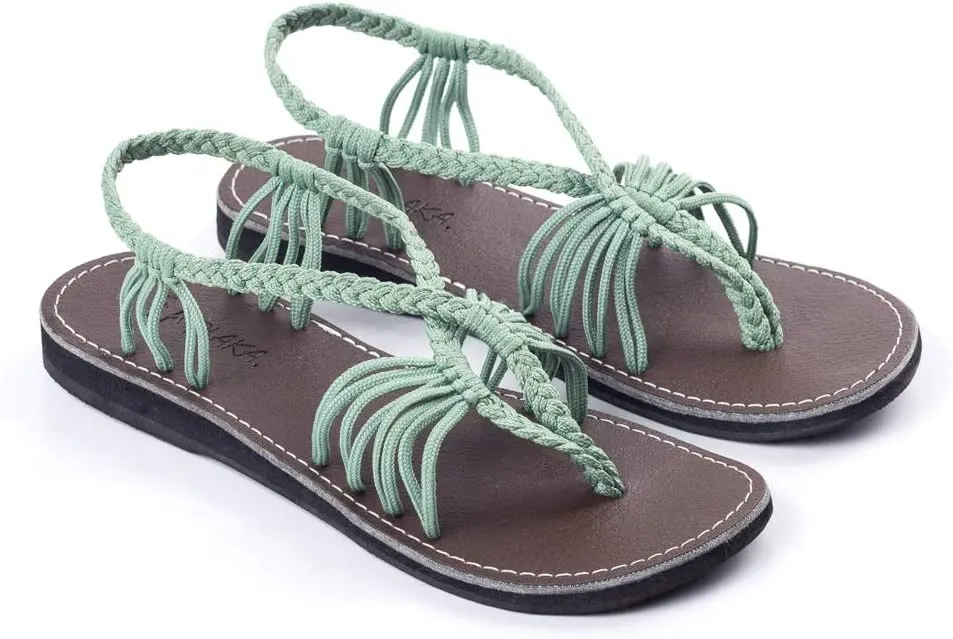 Boho Sage Green Handwoven Braided Flat Sandals