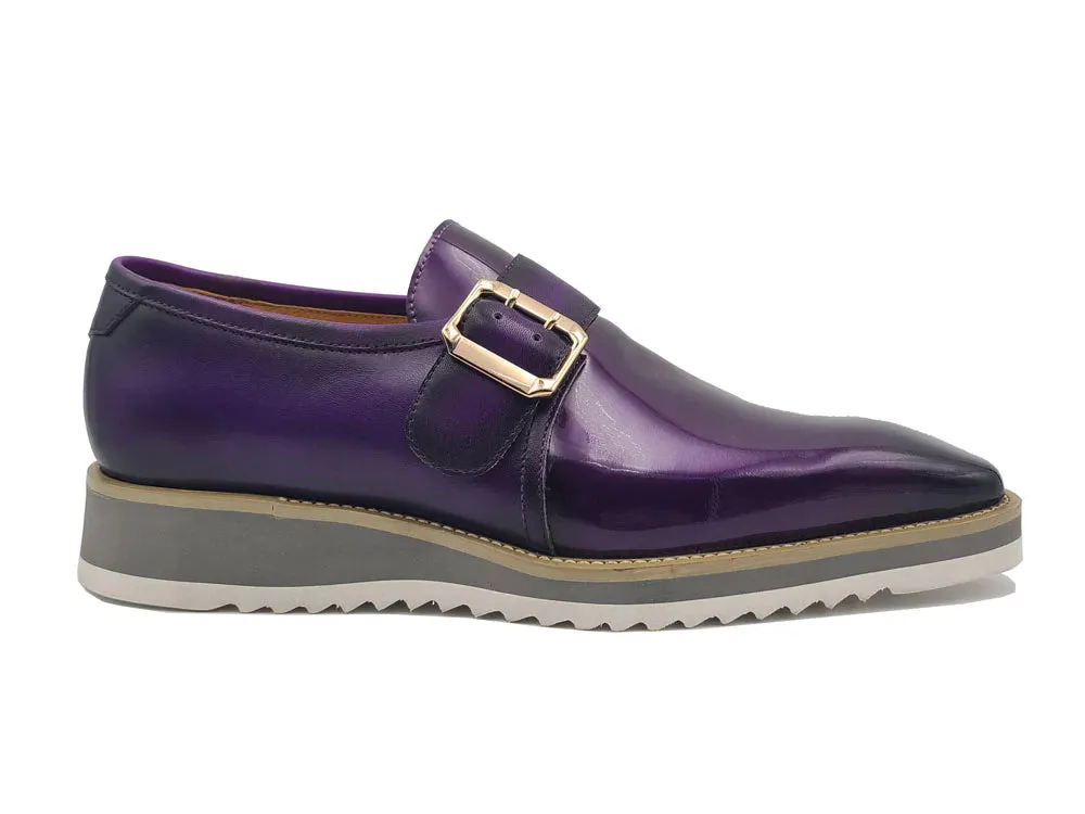 Carrucci Purple Slip-on Men's Monkstraps Patent Leather Shoe Gold Buckle