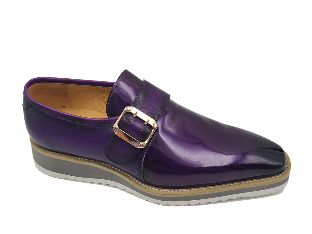 Carrucci Purple Slip-on Men's Monkstraps Patent Leather Shoe Gold Buckle