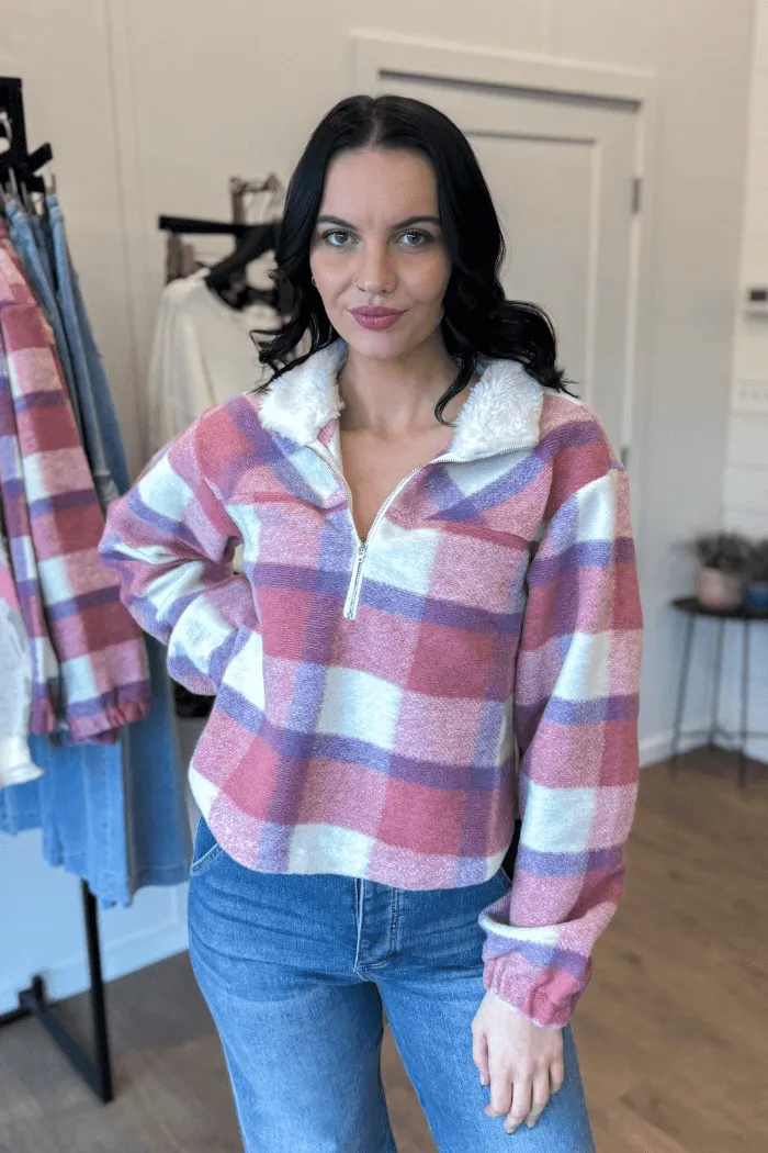 Cropped Plaid Sherpa Collared Quarter Zip