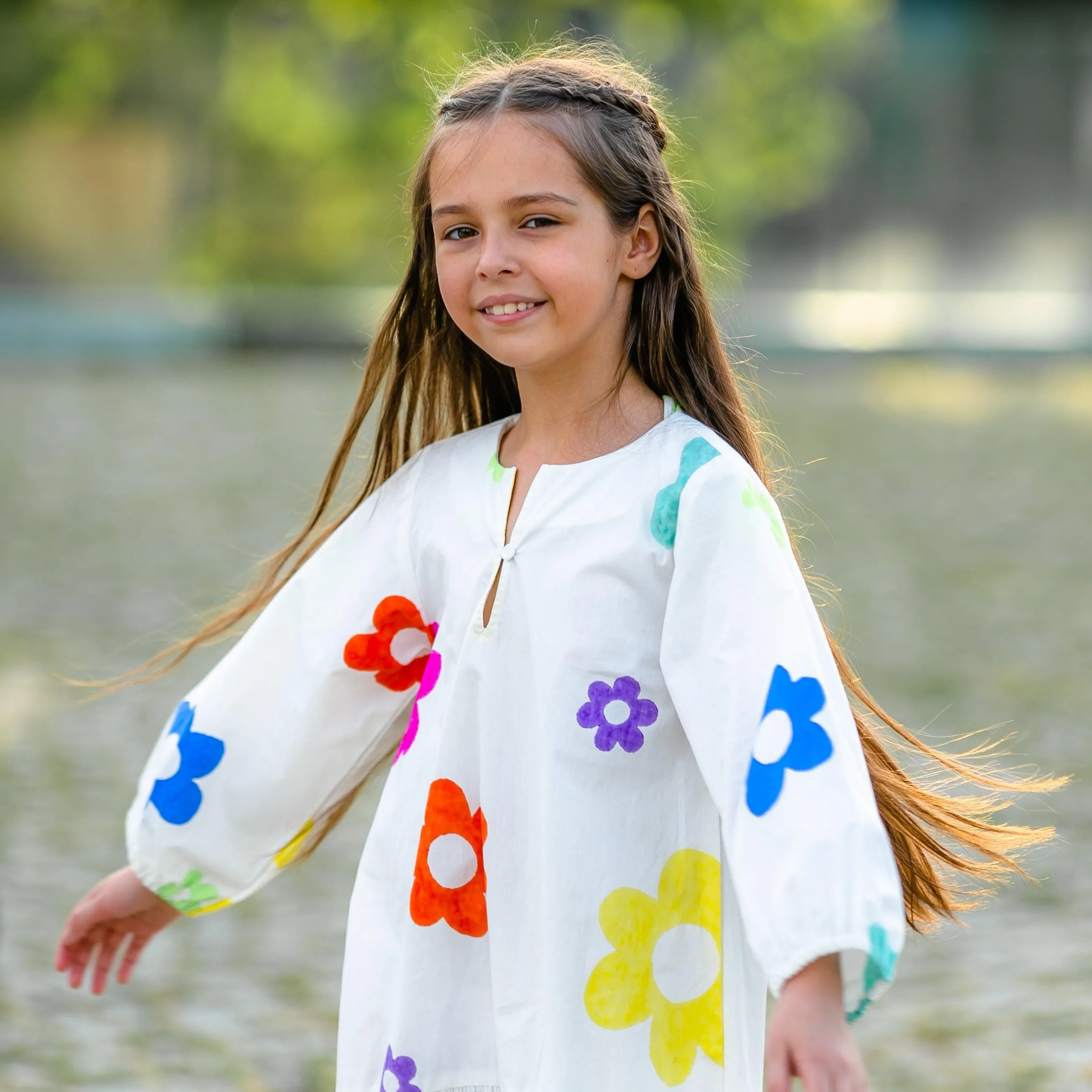 Dreamcatcher-  White Dress with Multi-Coloured Flowers for Girls