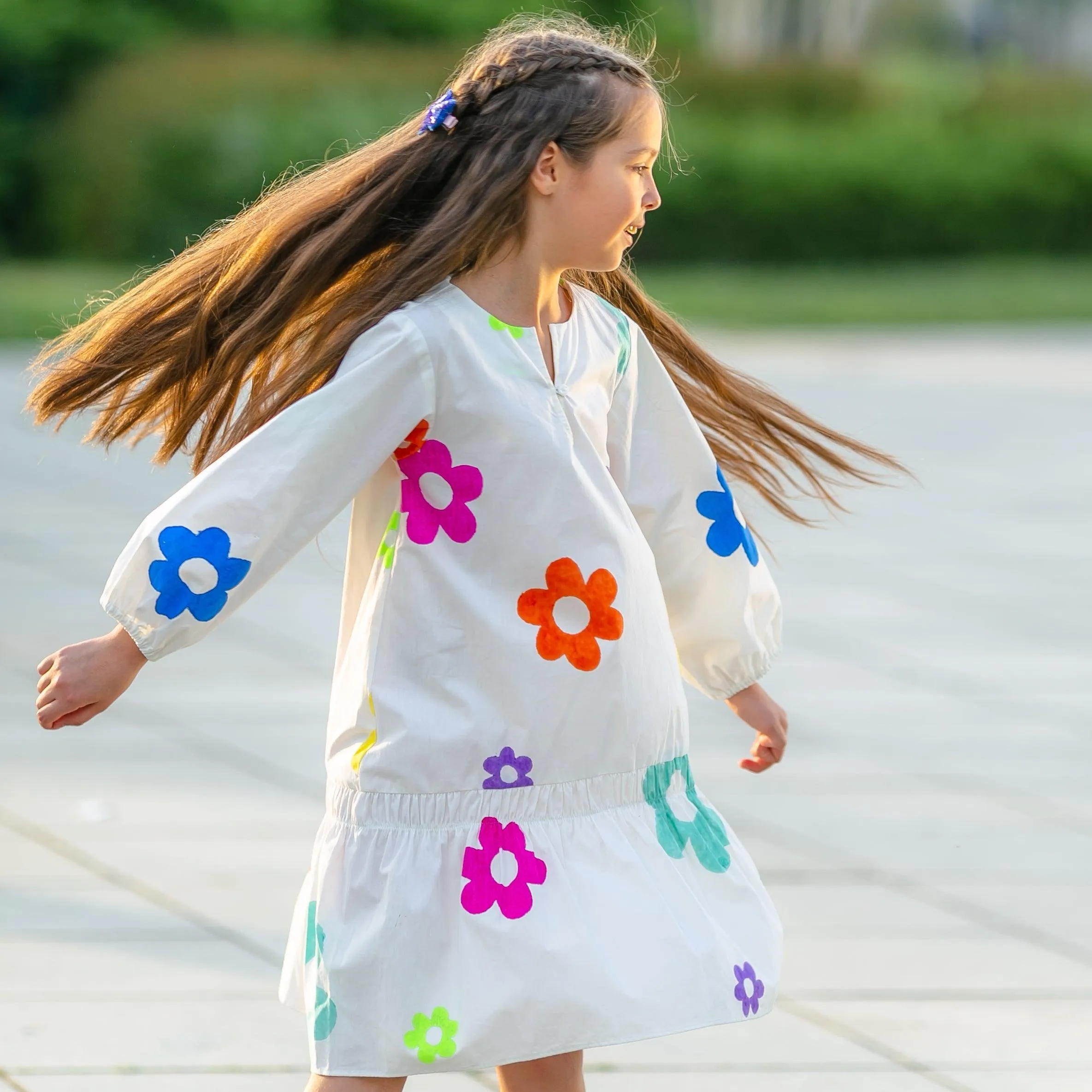 Dreamcatcher-  White Dress with Multi-Coloured Flowers for Girls