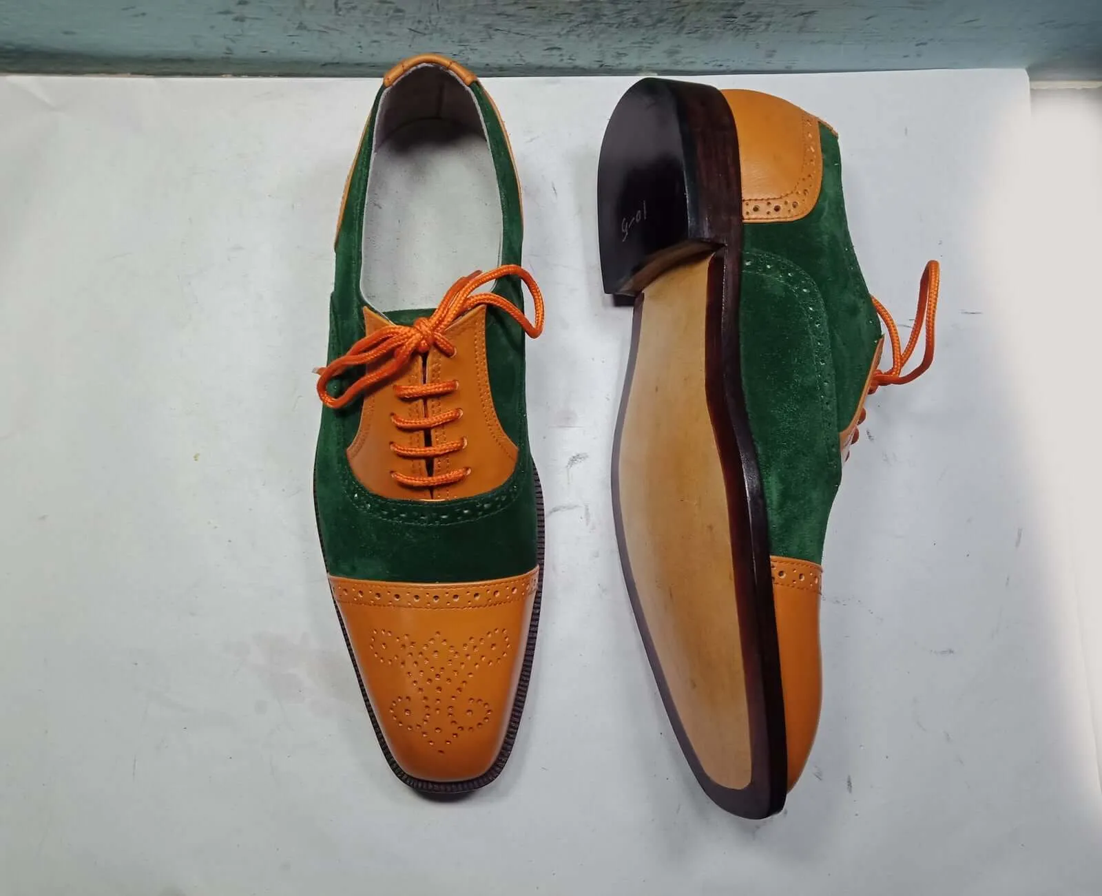 Elegant Handmade Men Green & Brown Shoe, Men cap toe Lace Up Suede & Leather Formal Shoes