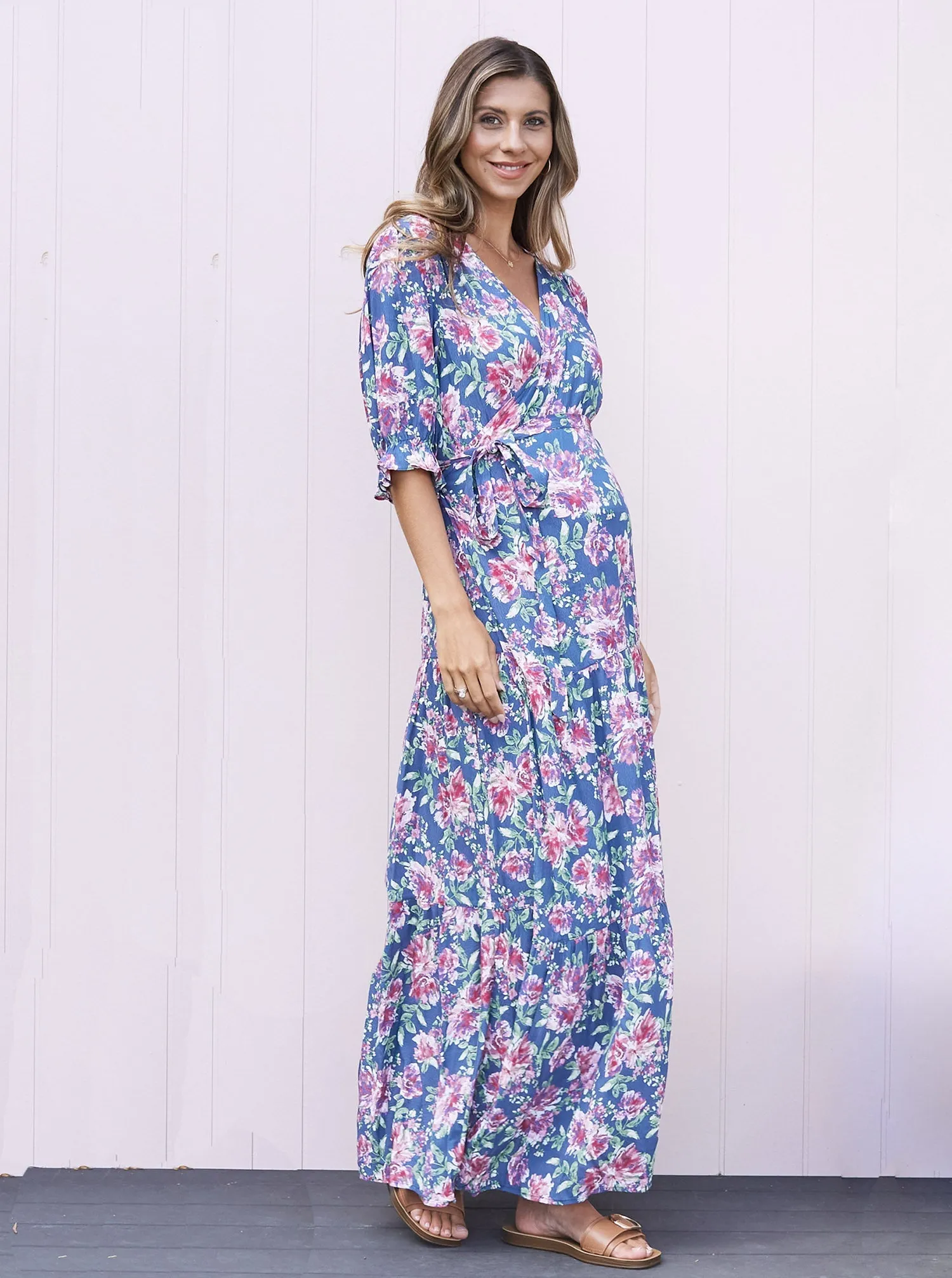 Elise Baby Shower Maternity Wrap Dress in Blue Flora