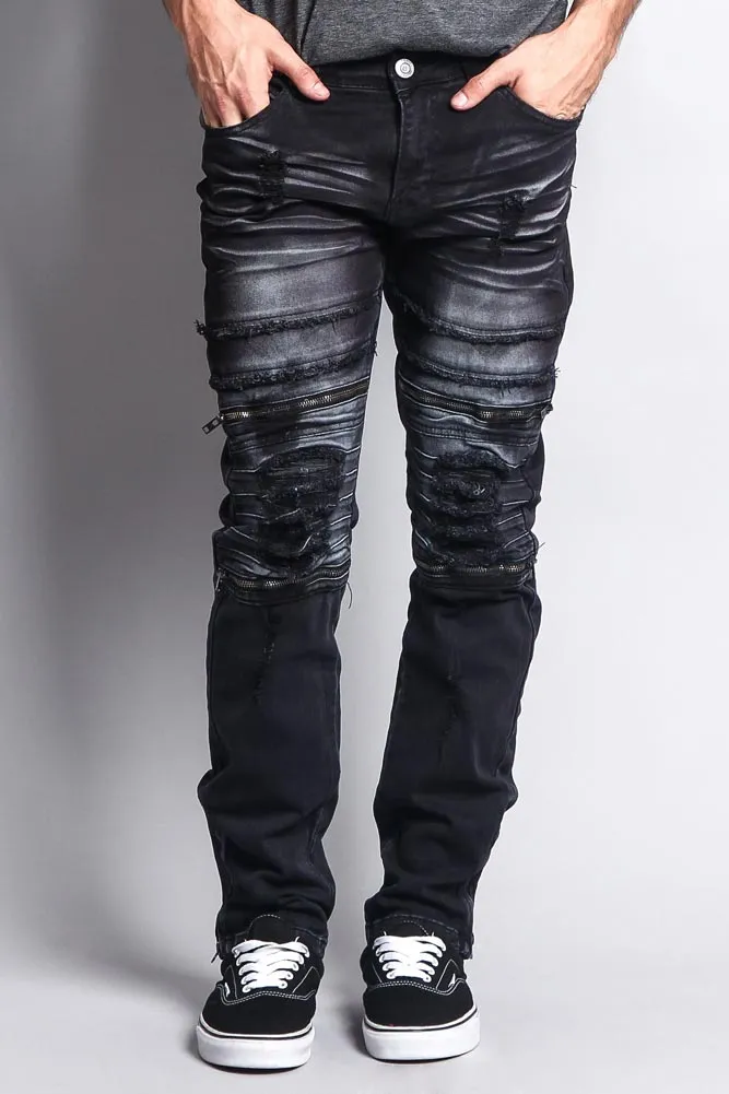 Faded Zipper Cut Distressed Knee Biker Denim Jeans