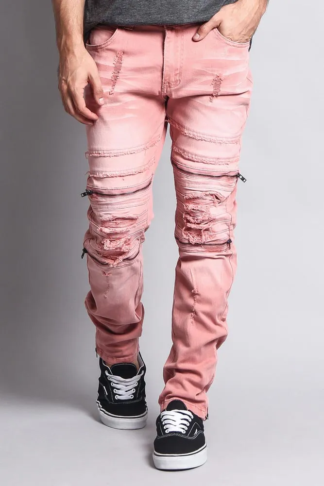 Faded Zipper Cut Distressed Knee Biker Denim Jeans