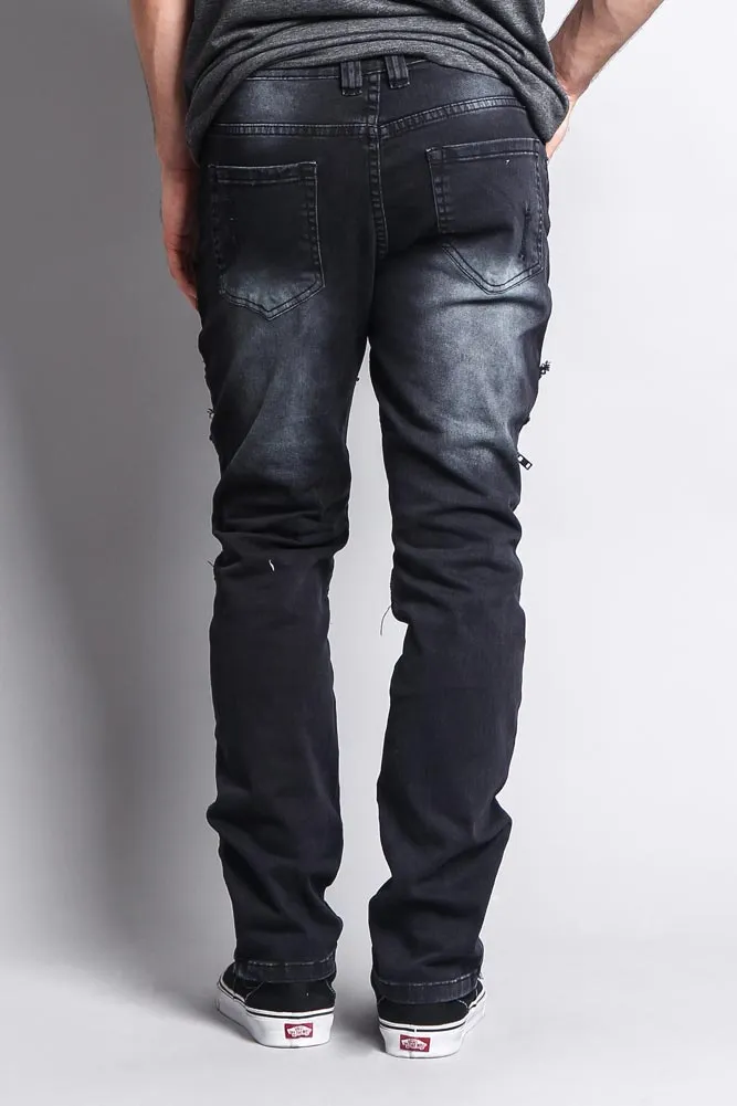 Faded Zipper Cut Distressed Knee Biker Denim Jeans