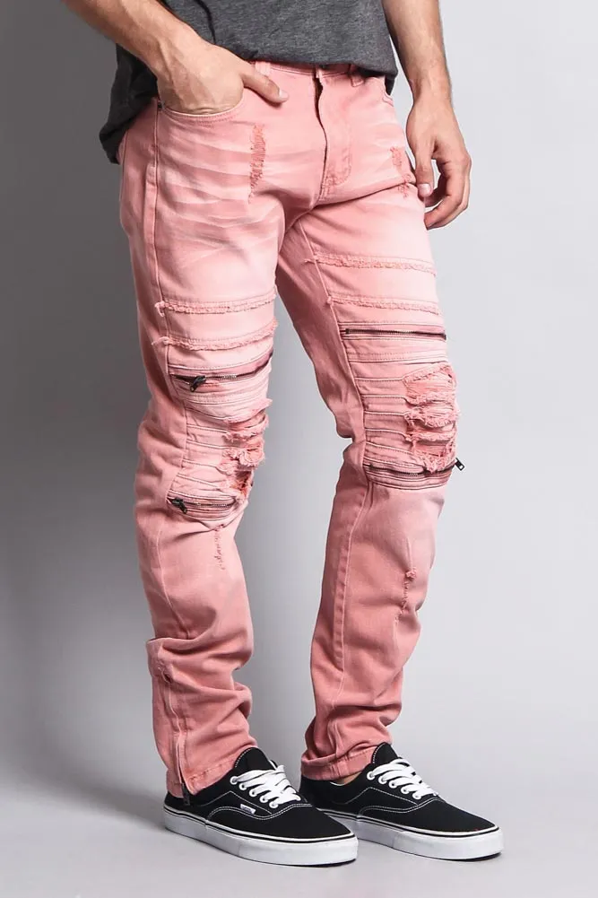 Faded Zipper Cut Distressed Knee Biker Denim Jeans