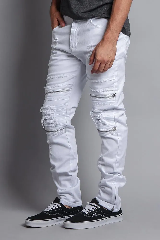 Faded Zipper Cut Distressed Knee Biker Denim Jeans