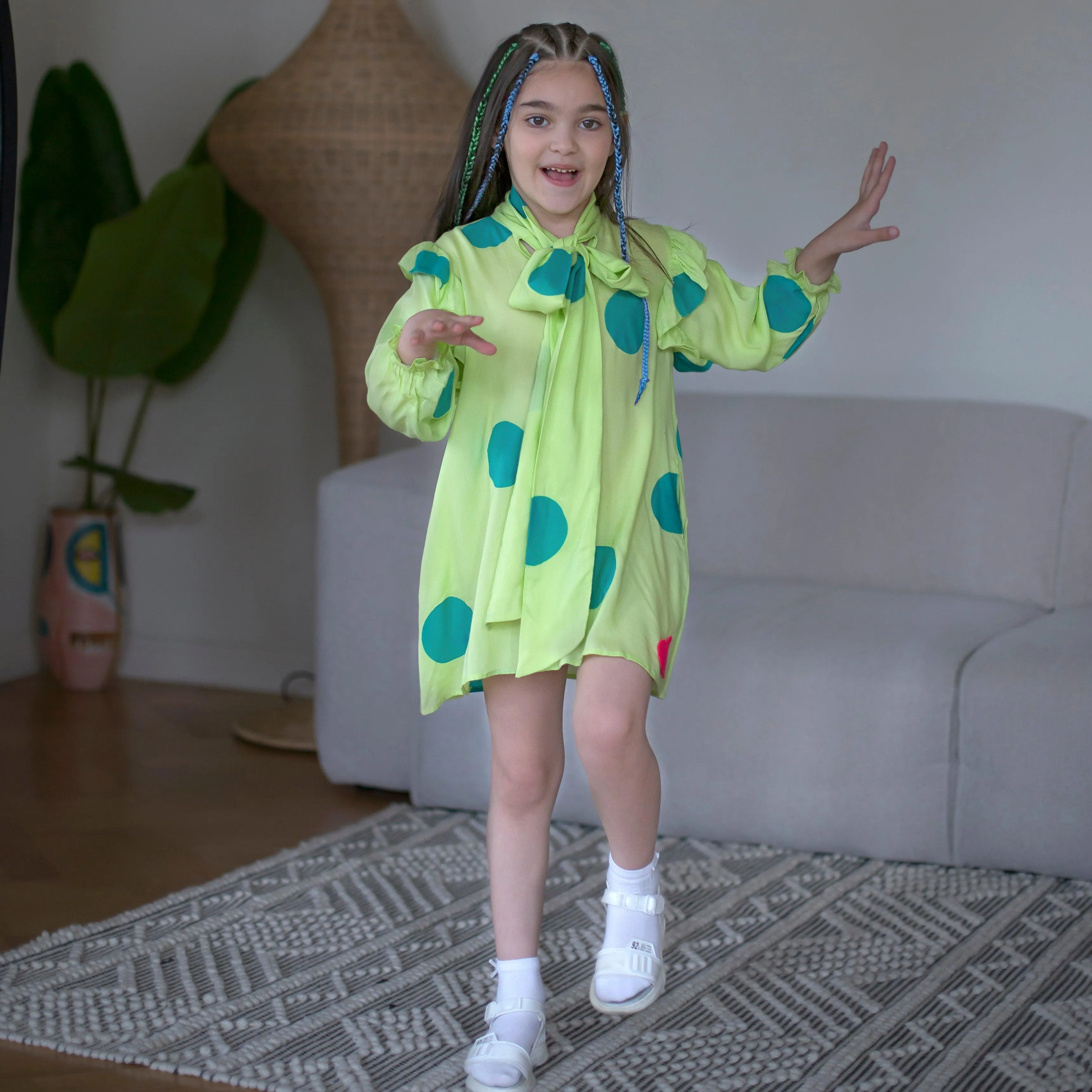 Fairytale- Lime Green Dress with Polka Dots for Girls