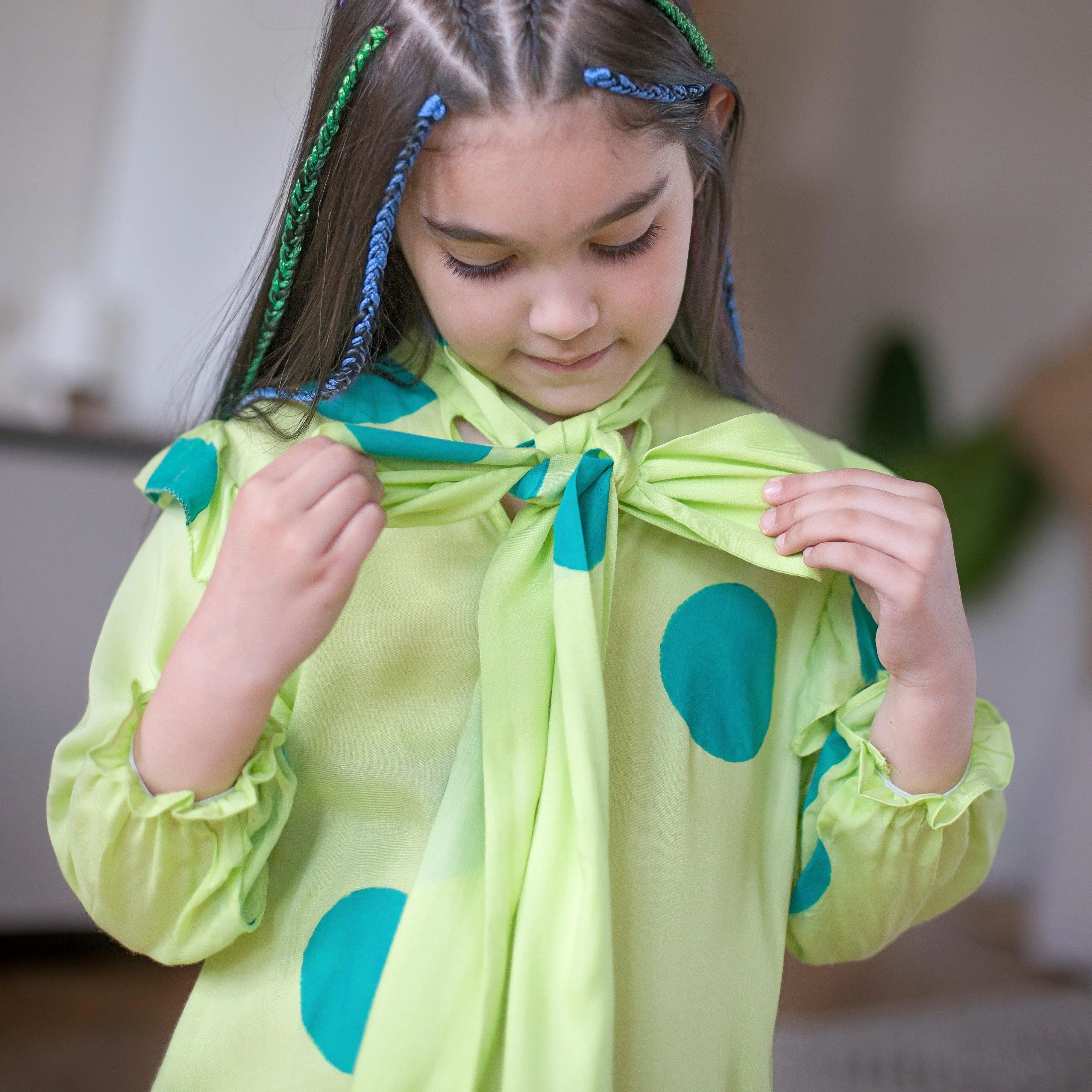 Fairytale- Lime Green Dress with Polka Dots for Girls