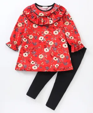 Floral Printed Neck Frill Top Leggings Set