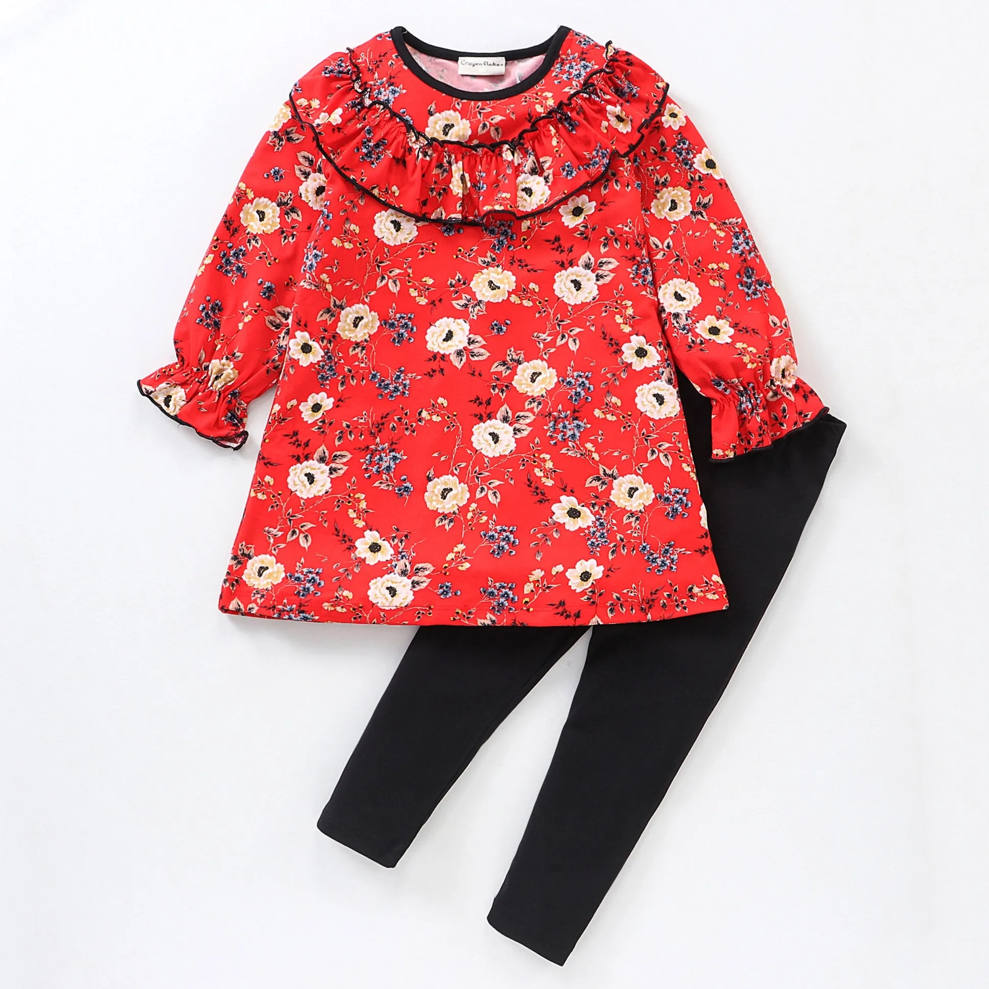 Floral Printed Neck Frill Top Leggings Set