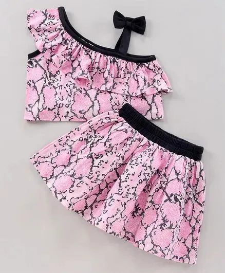 Frill and Strap Animal Print Top Skirt Set