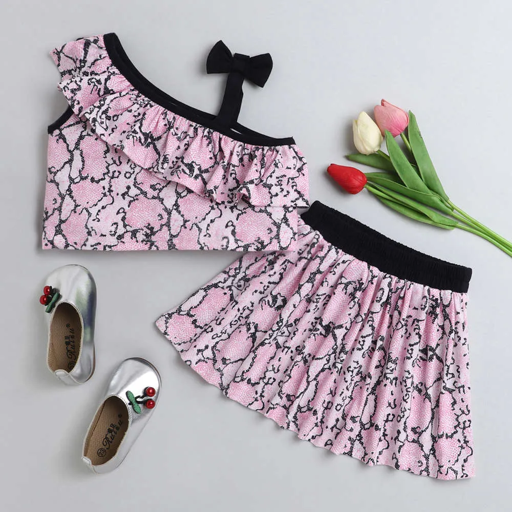 Frill and Strap Animal Print Top Skirt Set