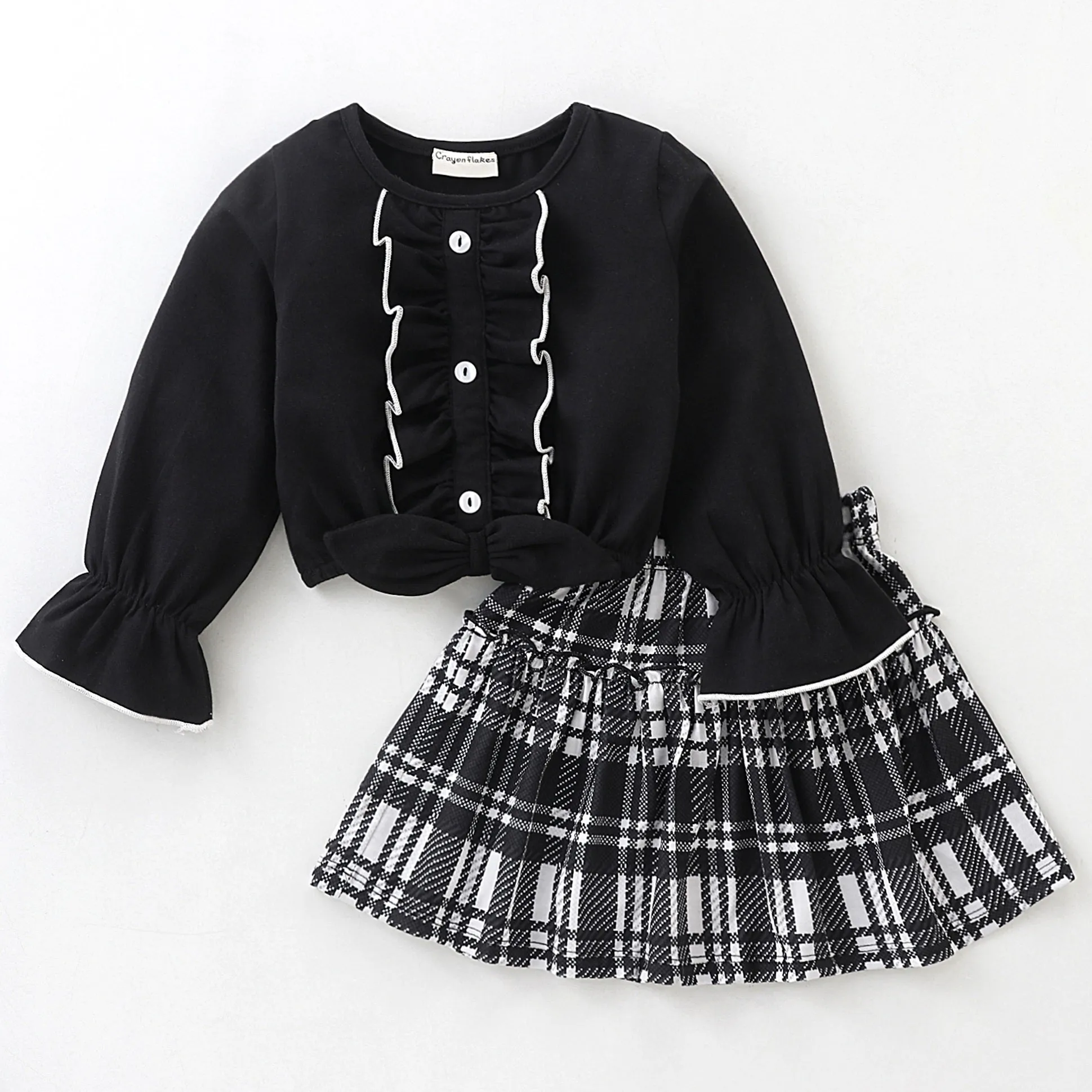 Front Frilled Top Checkered Skirt Set