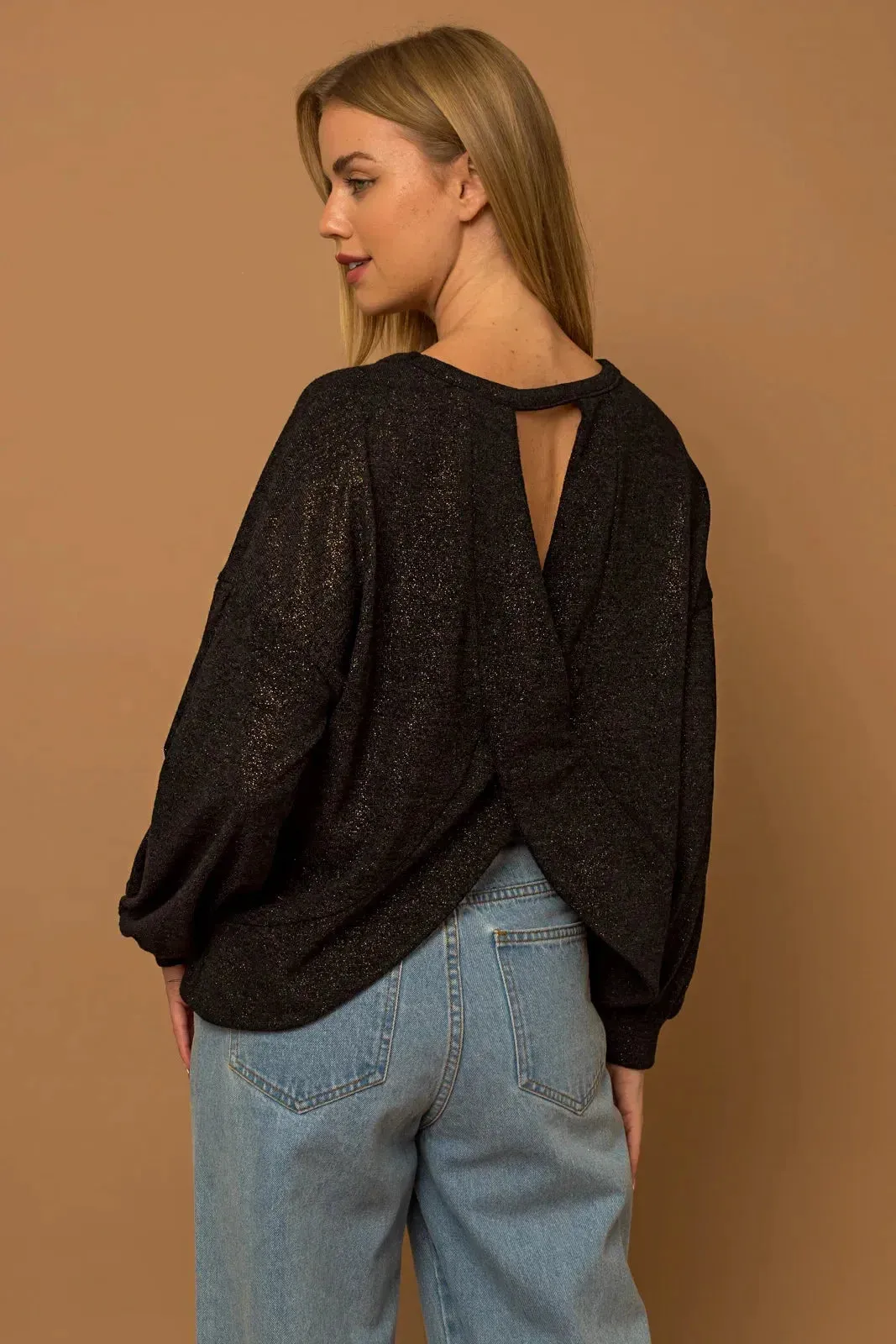 Glitter Long Sleeve Open Back Knit Top