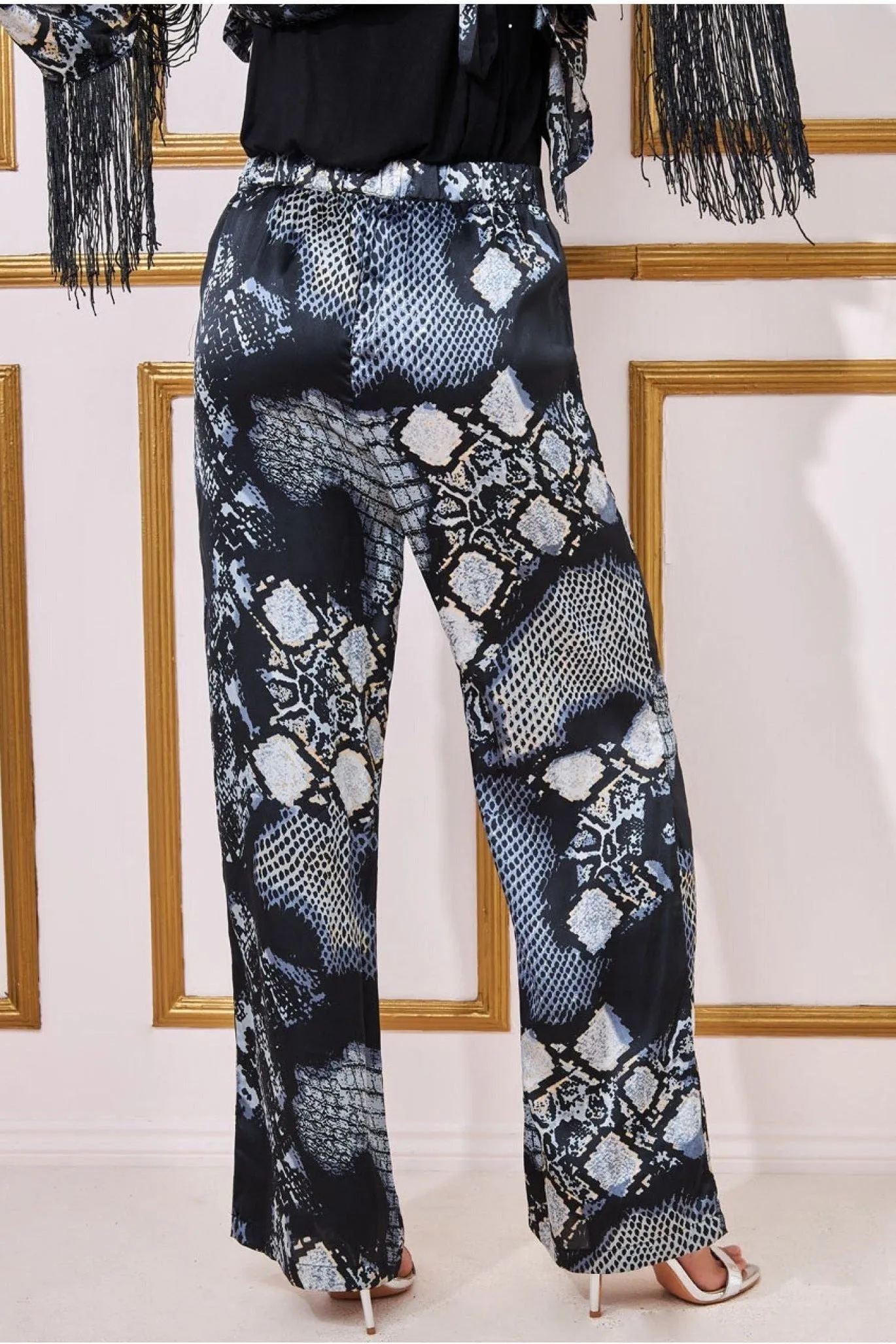 Goddiva Foil Print Wide Leg Trousers - Black