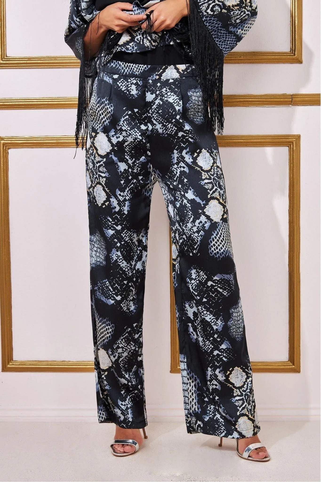 Goddiva Foil Print Wide Leg Trousers - Black