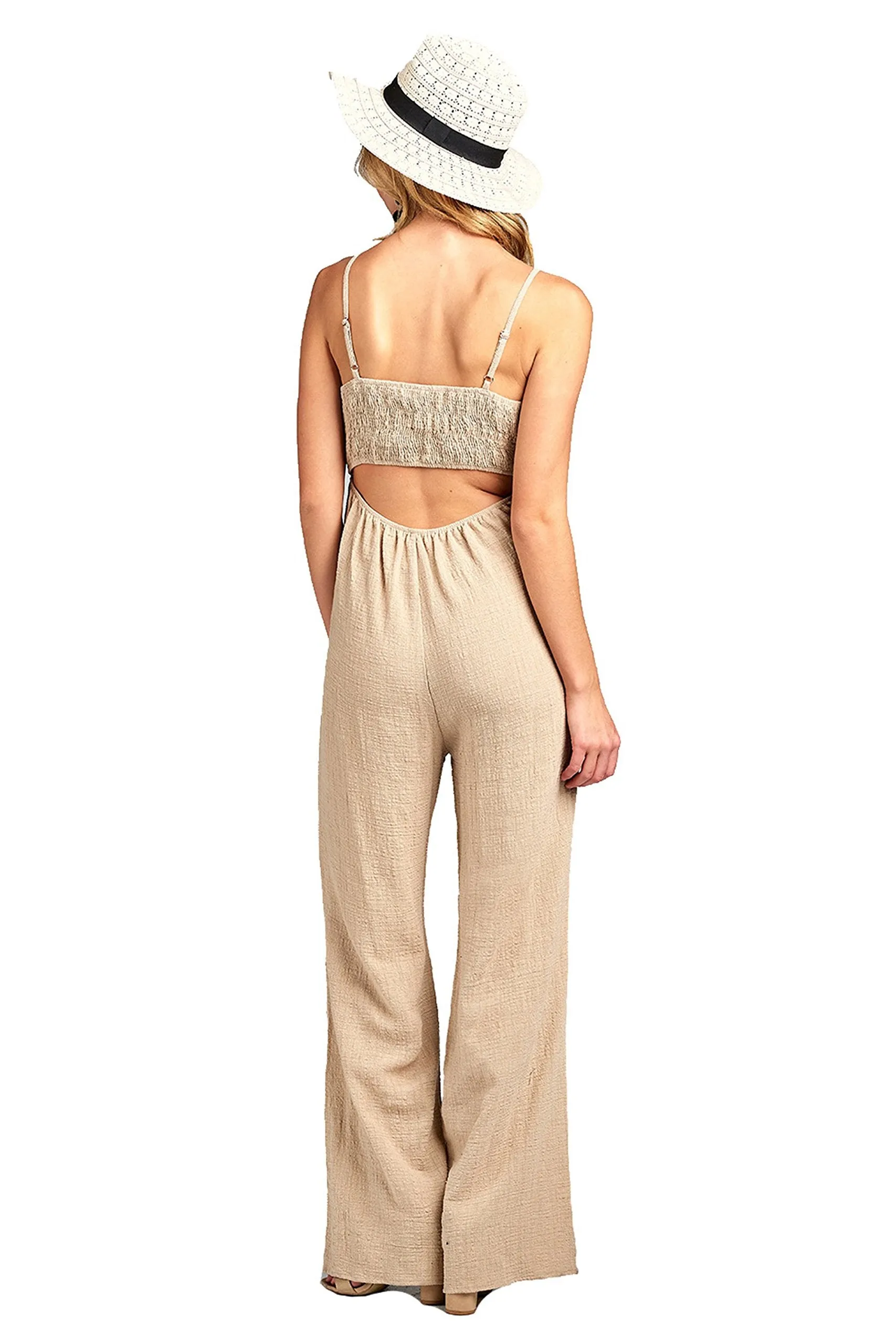 Khanomak Sleeveless Cami Adjustable Straps Scoop Neckline Knotted Front Wide Leg Jumpsuit