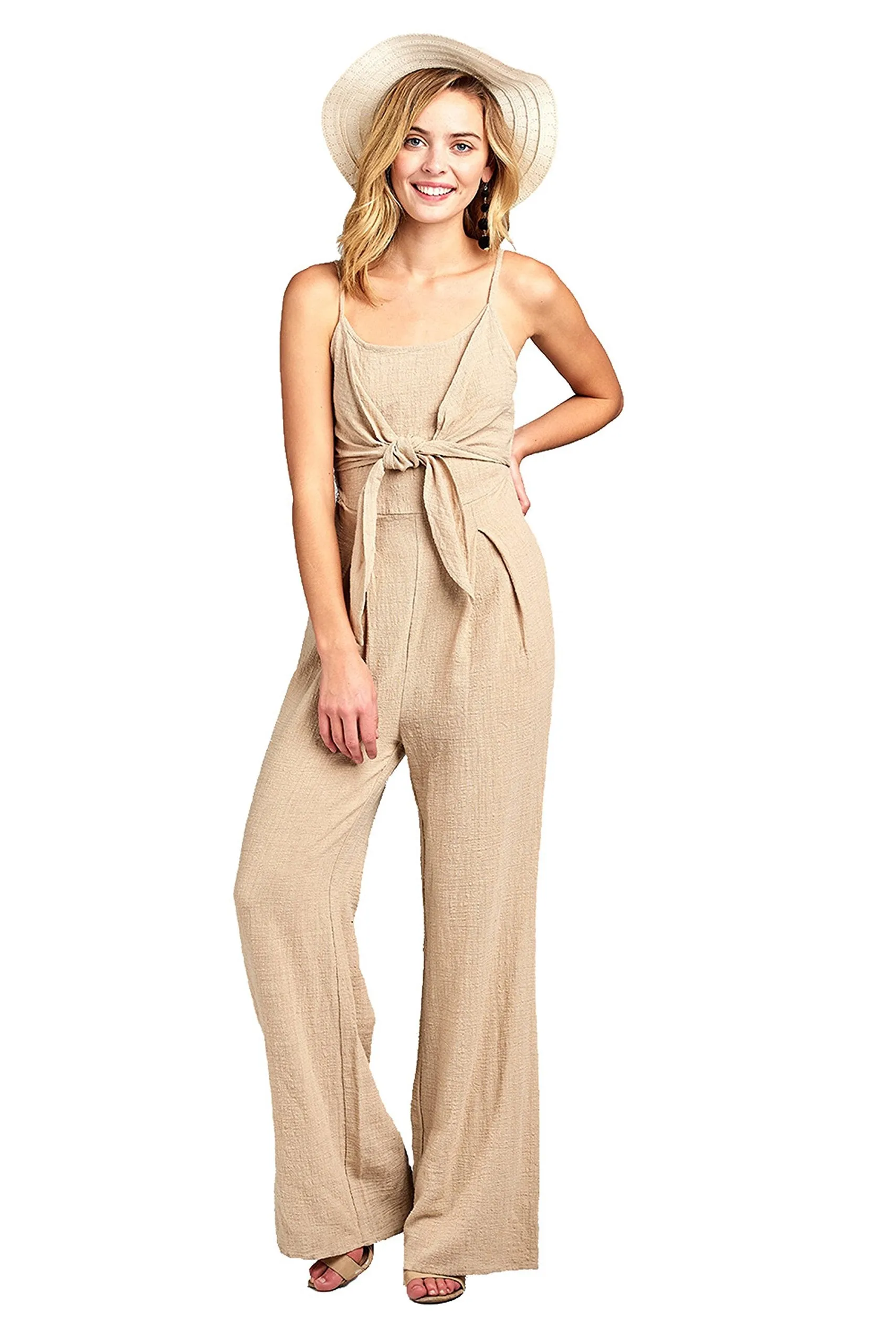 Khanomak Sleeveless Cami Adjustable Straps Scoop Neckline Knotted Front Wide Leg Jumpsuit