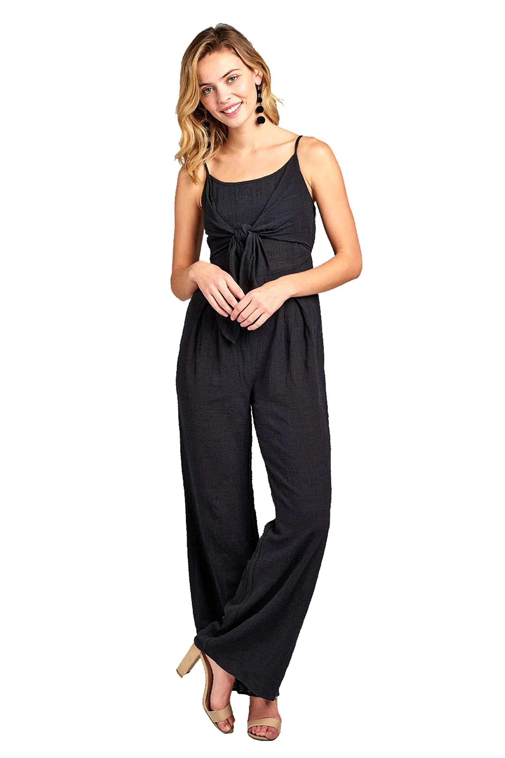 Khanomak Sleeveless Cami Adjustable Straps Scoop Neckline Knotted Front Wide Leg Jumpsuit