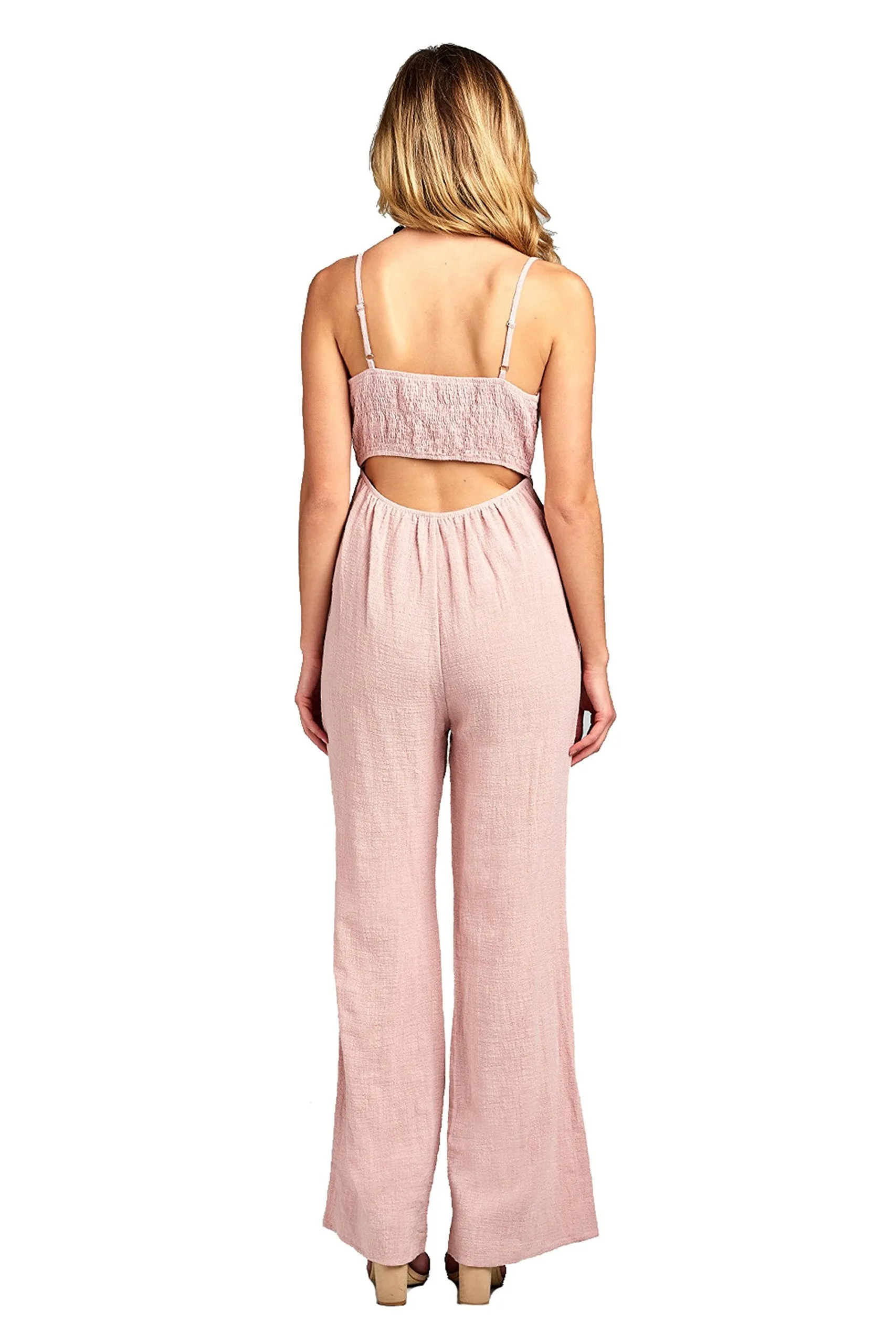 Khanomak Sleeveless Cami Adjustable Straps Scoop Neckline Knotted Front Wide Leg Jumpsuit