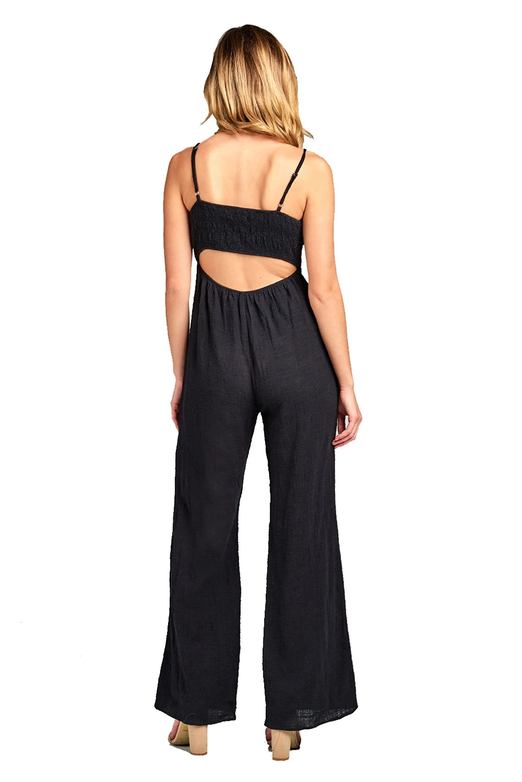 Khanomak Sleeveless Cami Adjustable Straps Scoop Neckline Knotted Front Wide Leg Jumpsuit