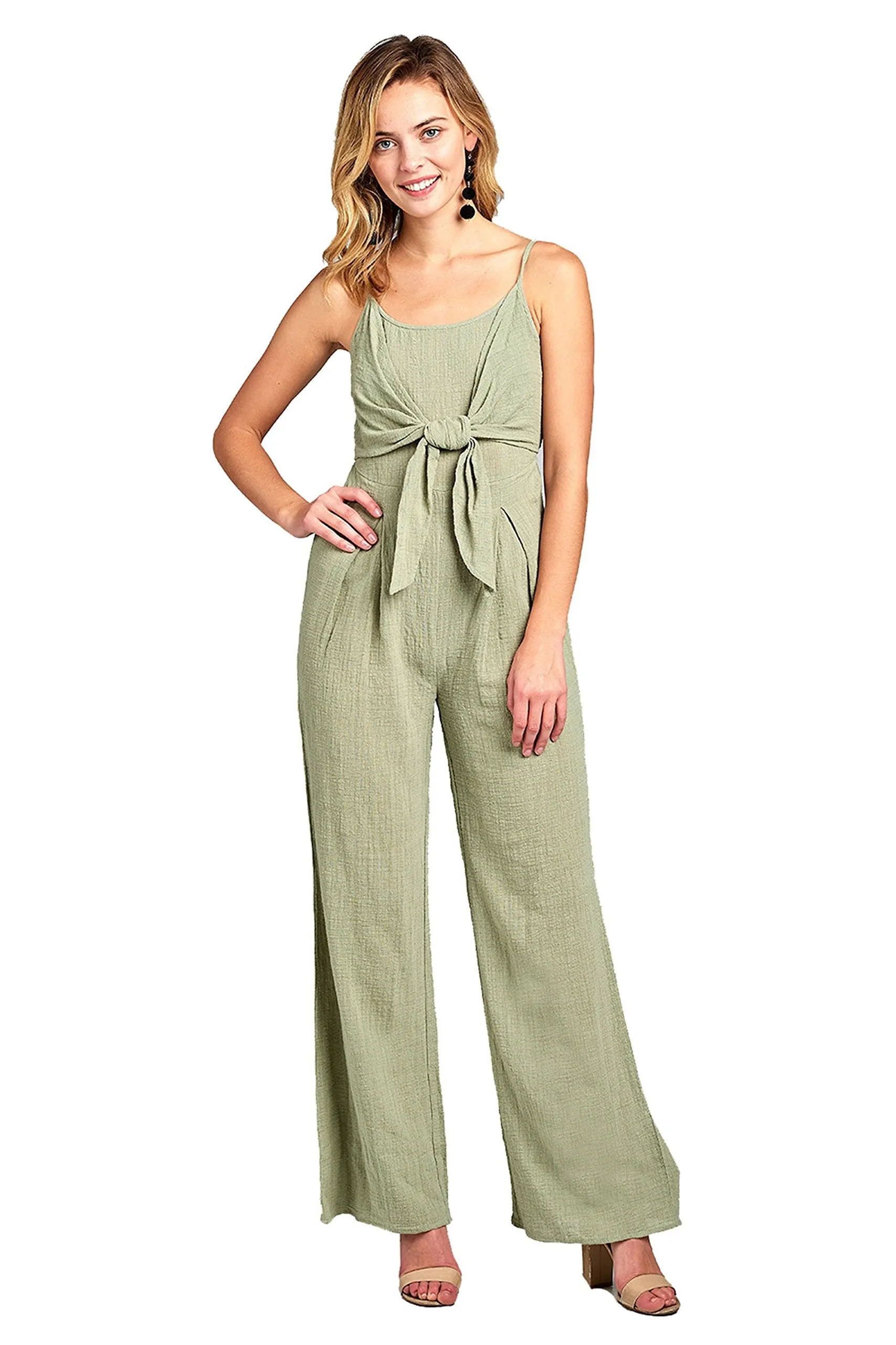 Khanomak Sleeveless Cami Adjustable Straps Scoop Neckline Knotted Front Wide Leg Jumpsuit