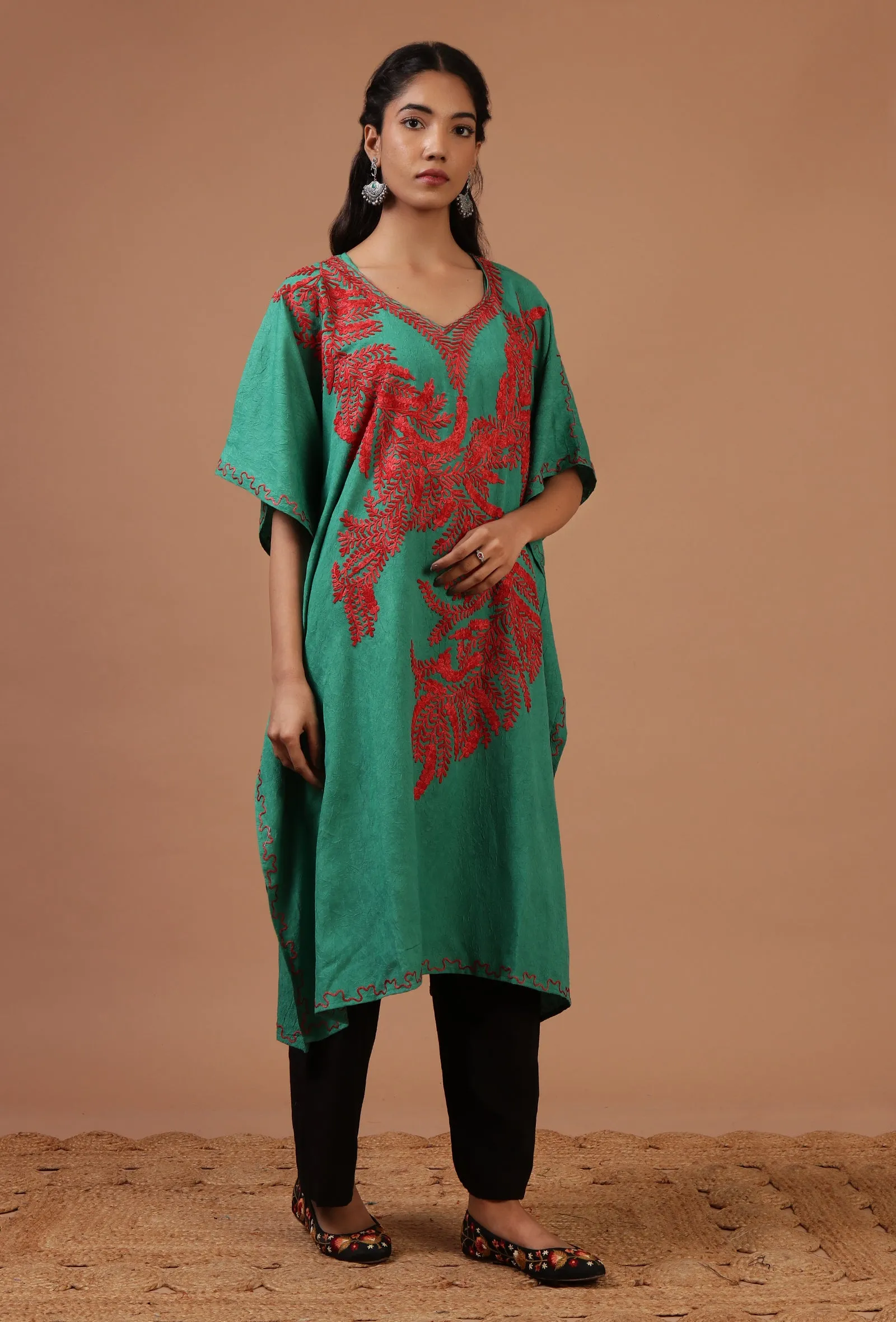 Light Sea Green Cotton Crush Ari Embroidered Kaftan- Free Size