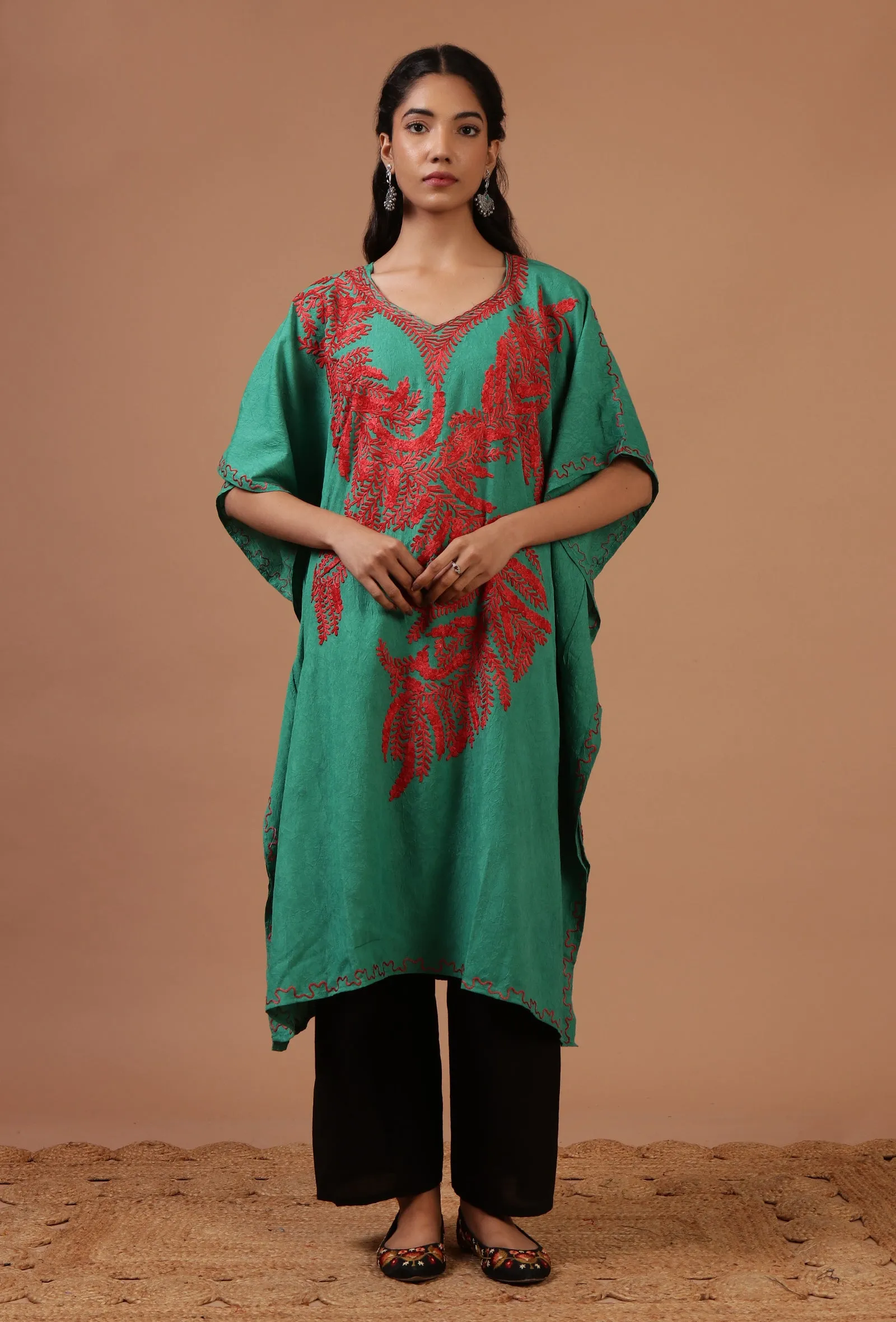 Light Sea Green Cotton Crush Ari Embroidered Kaftan- Free Size