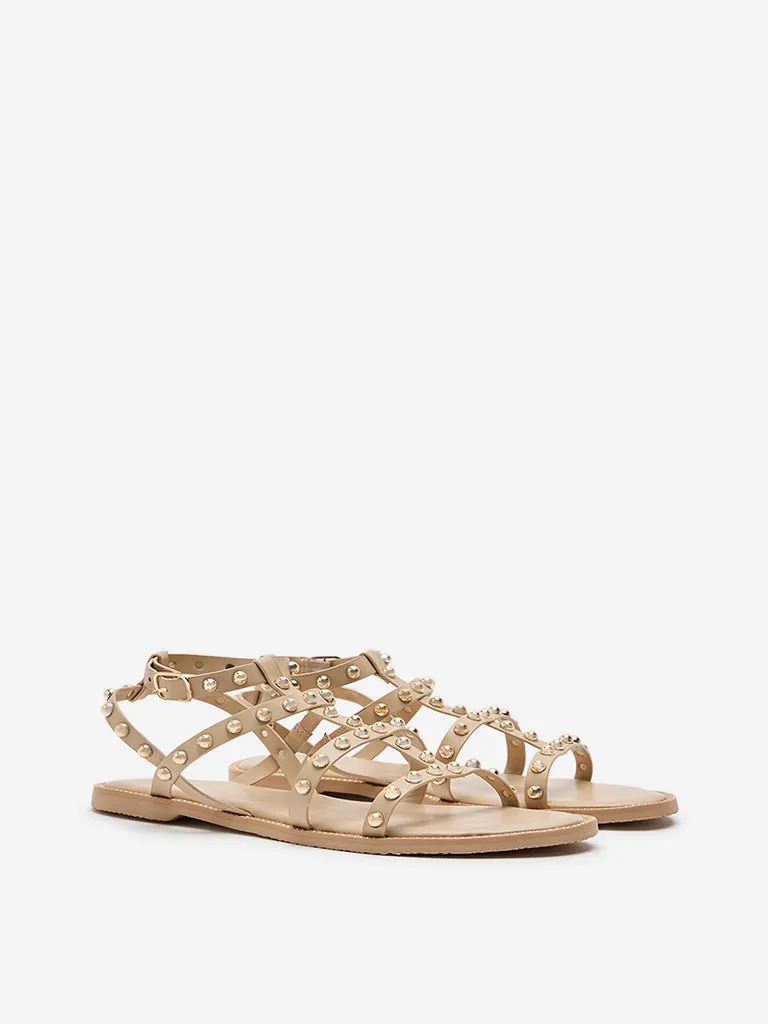 LUNA BLU Beige Embellished Multi-Strap Sandals