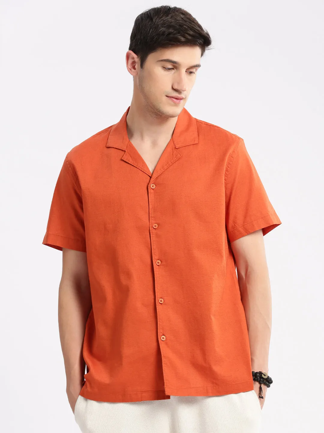 Men Cuban Collar Solid Orange Casual Shirt