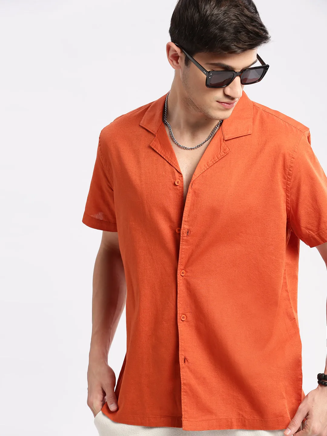 Men Cuban Collar Solid Orange Casual Shirt