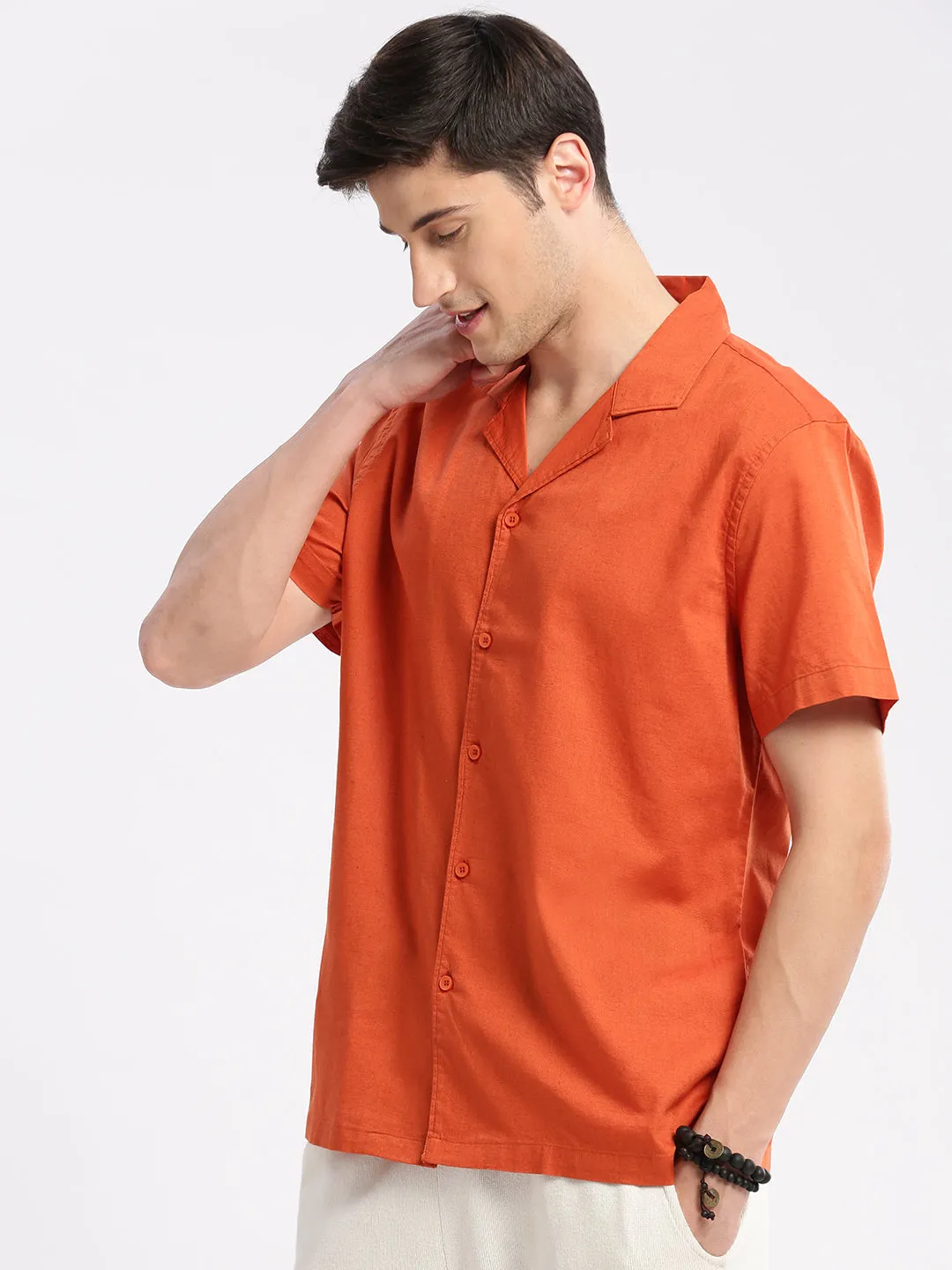 Men Cuban Collar Solid Orange Casual Shirt