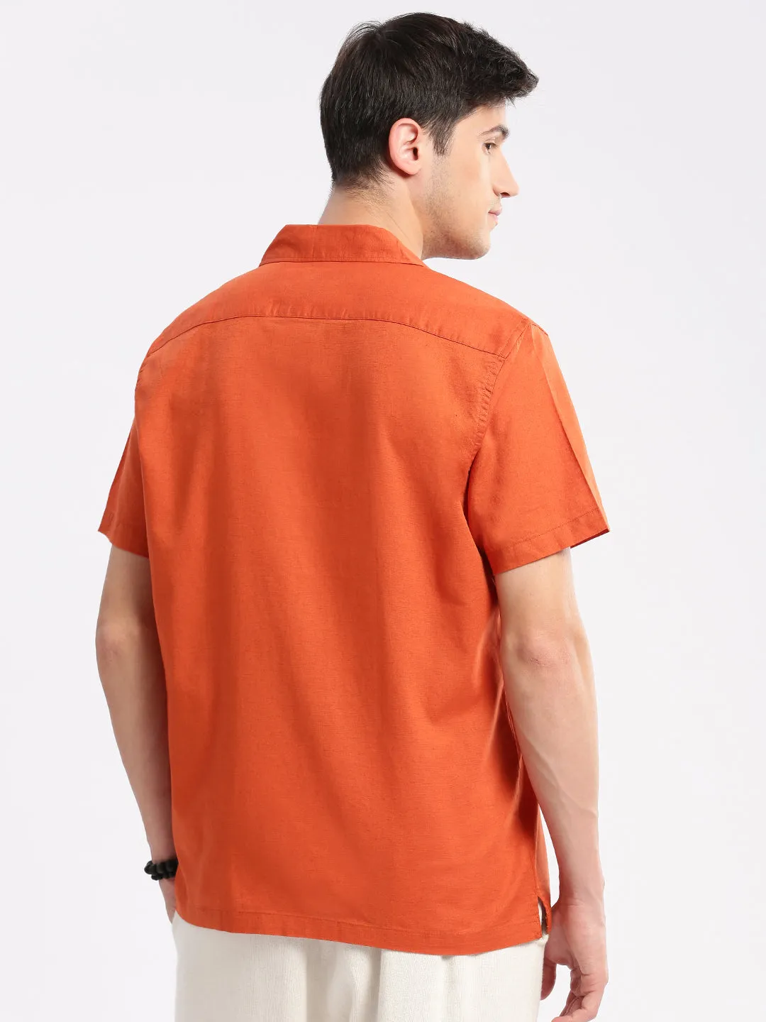 Men Cuban Collar Solid Orange Casual Shirt