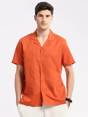 Men Cuban Collar Solid Orange Casual Shirt