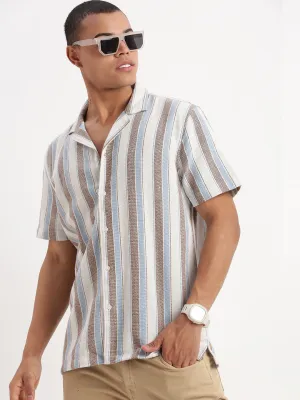 Men Cuban Collar Vertical Stripes White Shirt